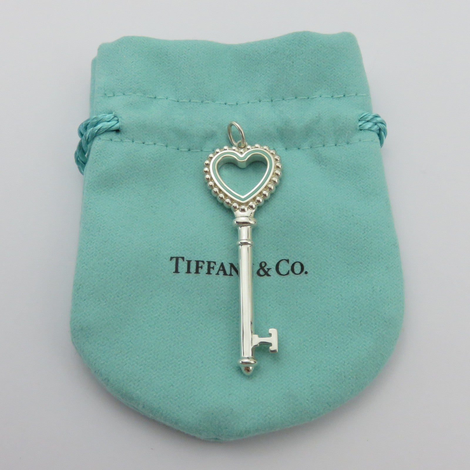 Tiffany & Co 925 Silver Blue Enamel Large Beaded Heart Key Pendant Charm Pouch
