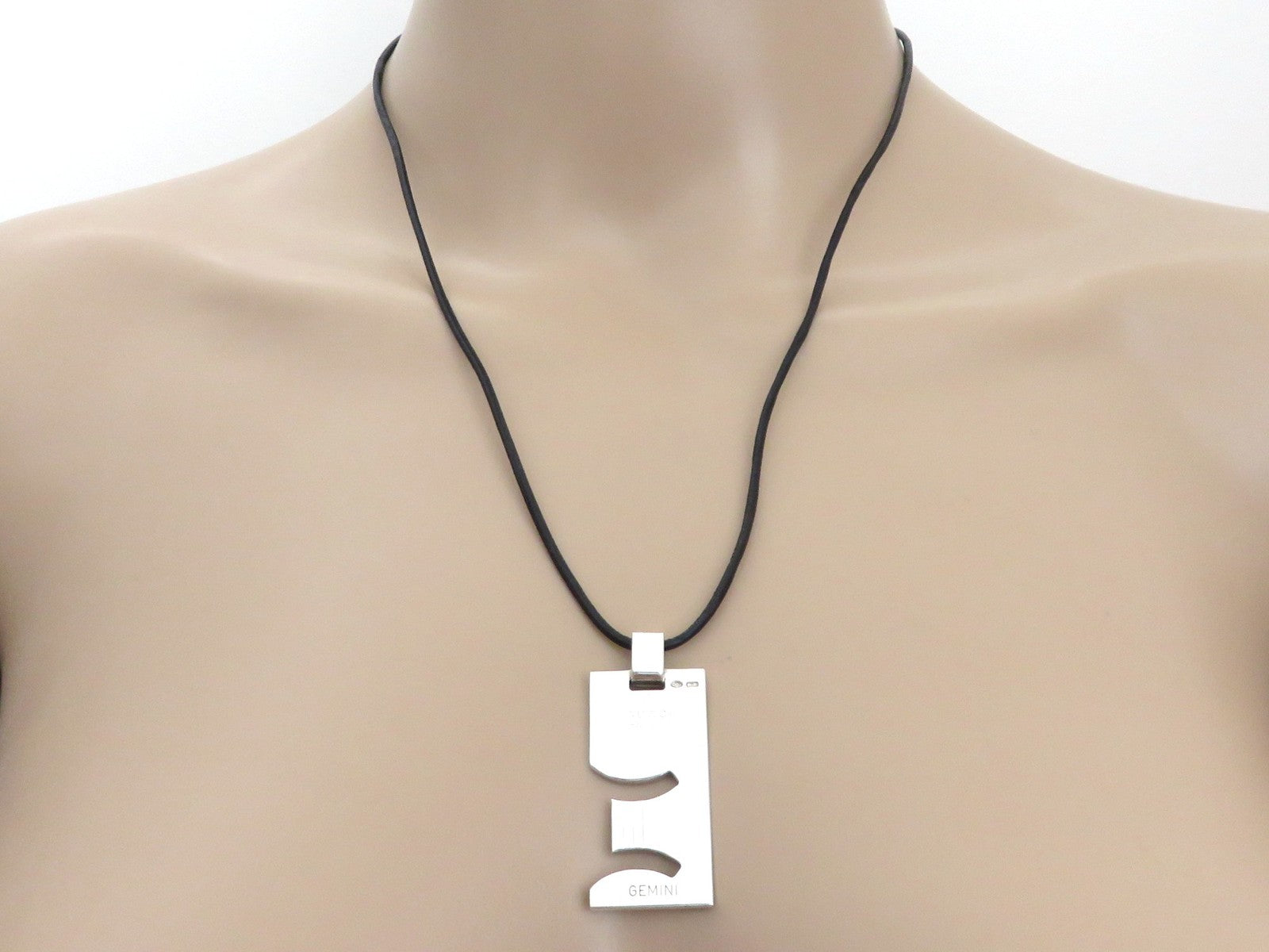 Gucci Sterling Silver GEMINI Pendant Black Leather Cord Necklace