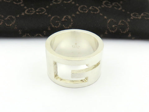 GUCCI Sterling Silver Stencil G Logo Wide Band Ring Size 5.75