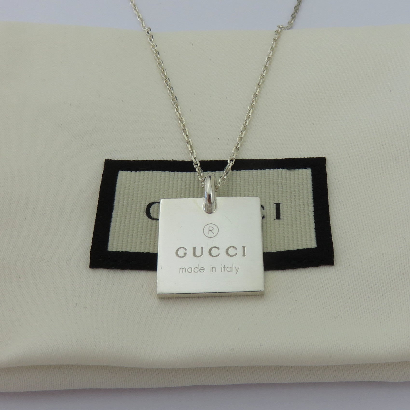 Gucci 925 Sterling Silver Square Tag Unisex Pendant Necklace with Pouch