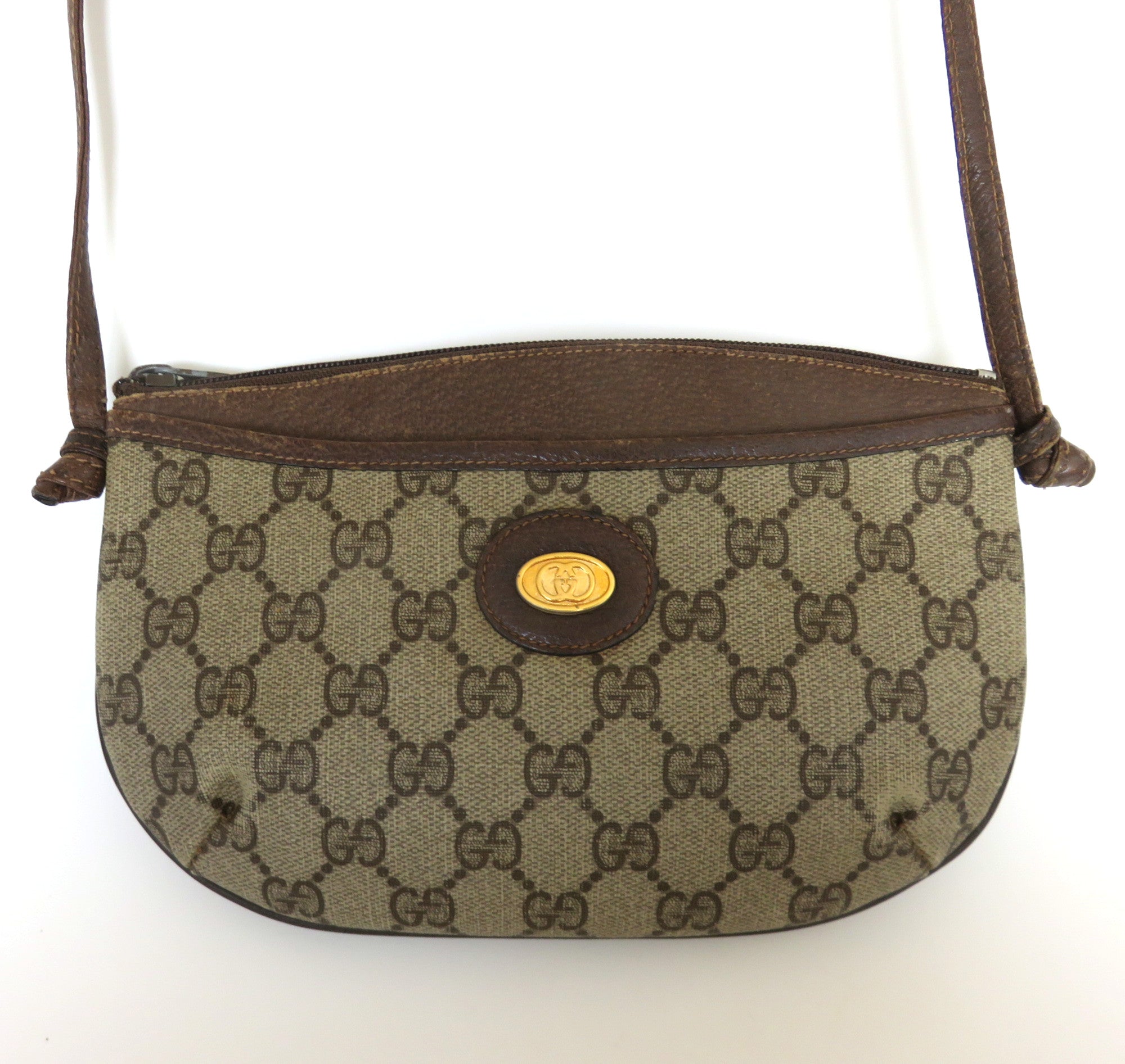 GUCCI Vintage Brown GG Monogram Canvas Leather Small Cross Body Shoulder Bag