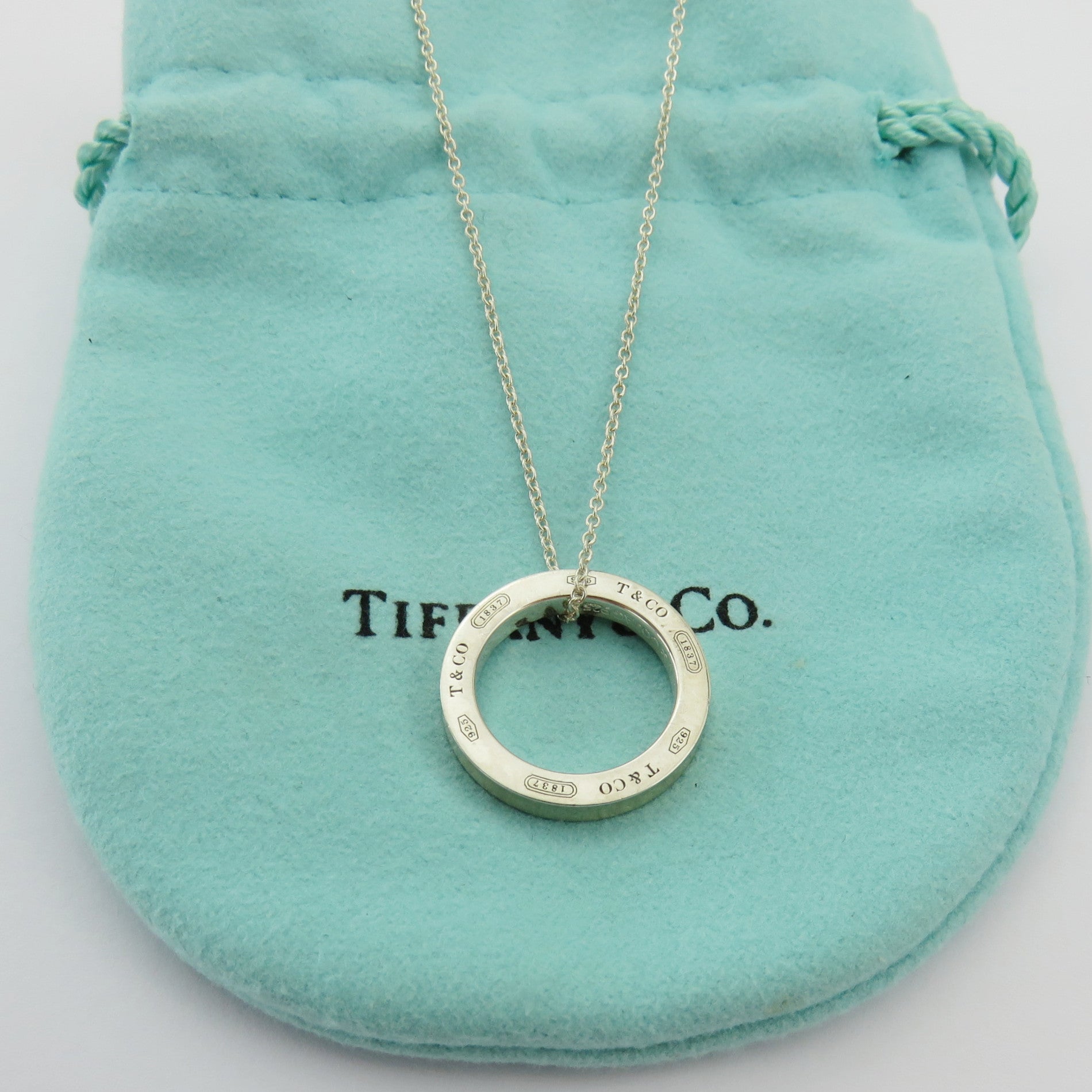 TIFFANY & CO 925 Sterling Silver 1837 Circle Pendant Necklace with Pouch
