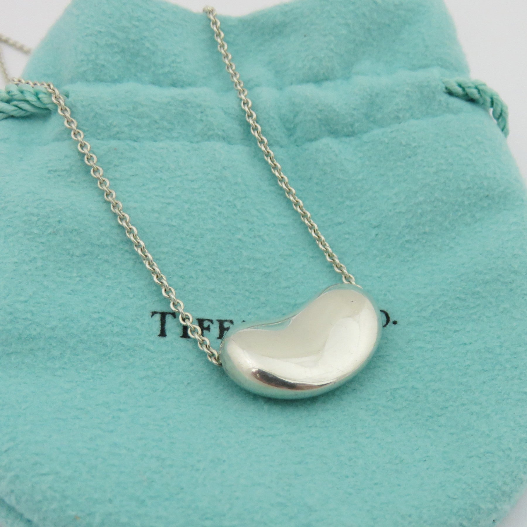TIFFANY & CO 925 Sterling Silver Large Bean Pendant Necklace with Pouch