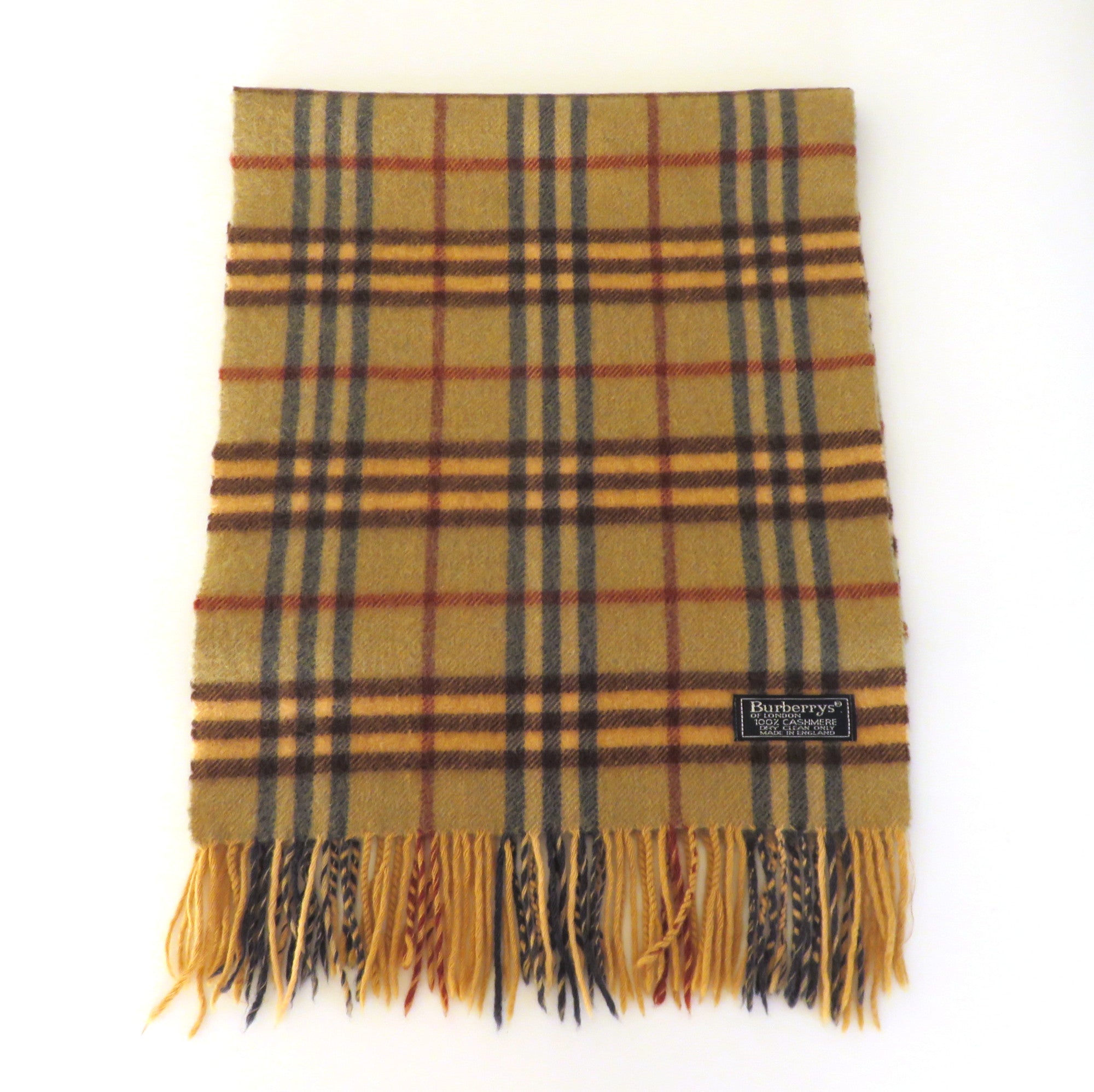 Burberry Mustard Yellow Check Cashmere Scarf Vintage Made in England Unisex