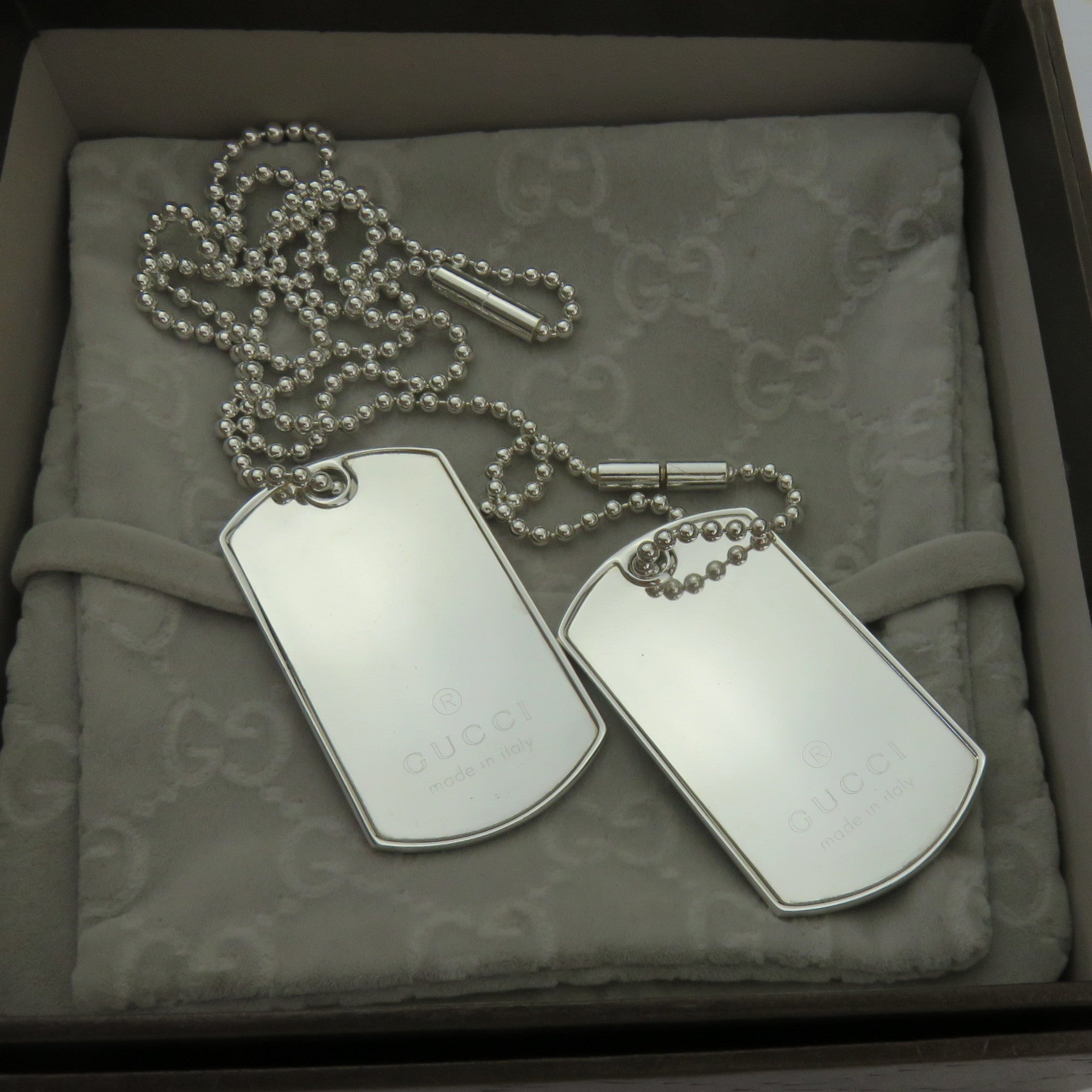 Gucci 925 Sterling Silver Double Dog Tag Ball Chain Unisex Necklace w/ Box Pouch