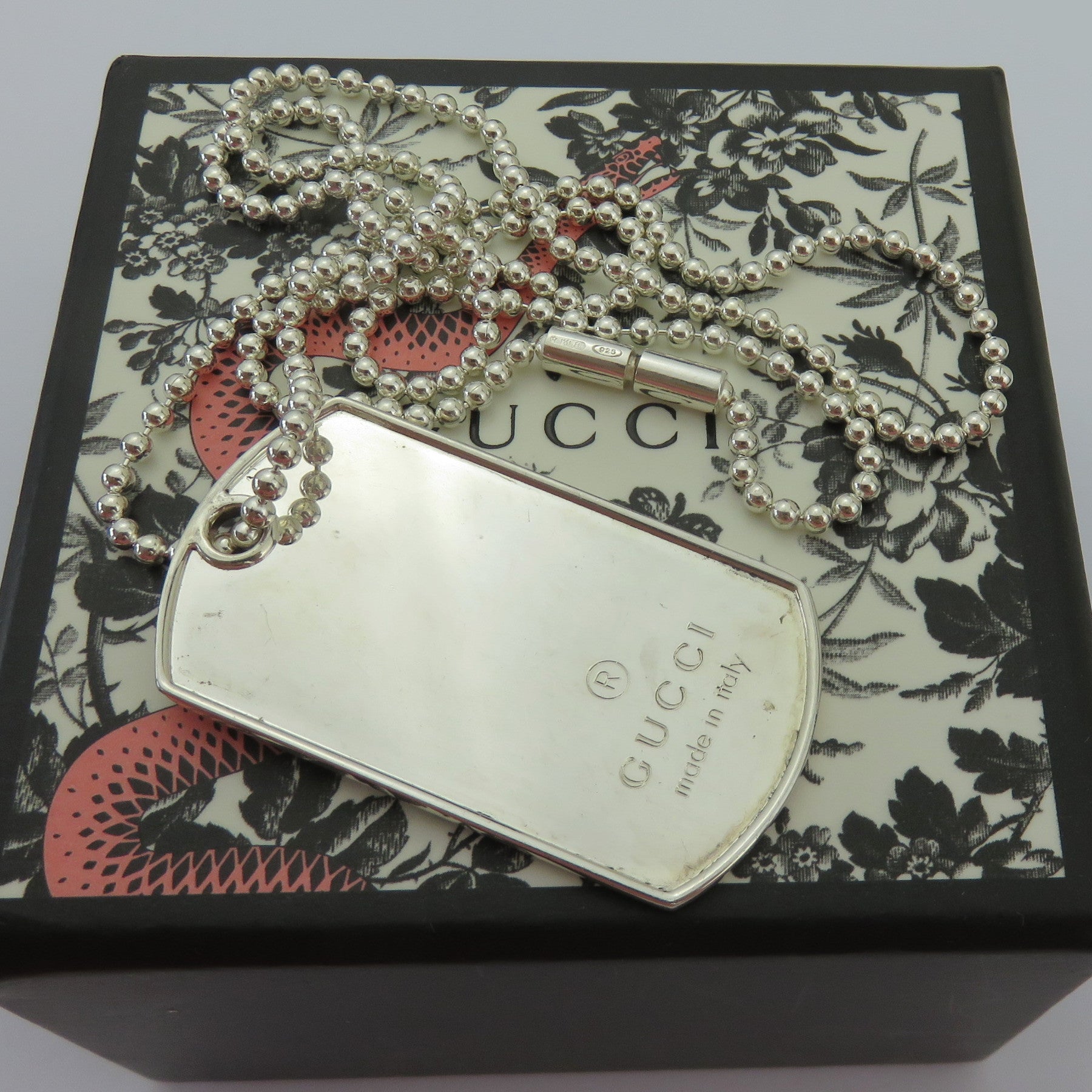 Gucci 925 Sterling Silver Dog Tag Unisex Pendant Necklace with Box Made in Italy