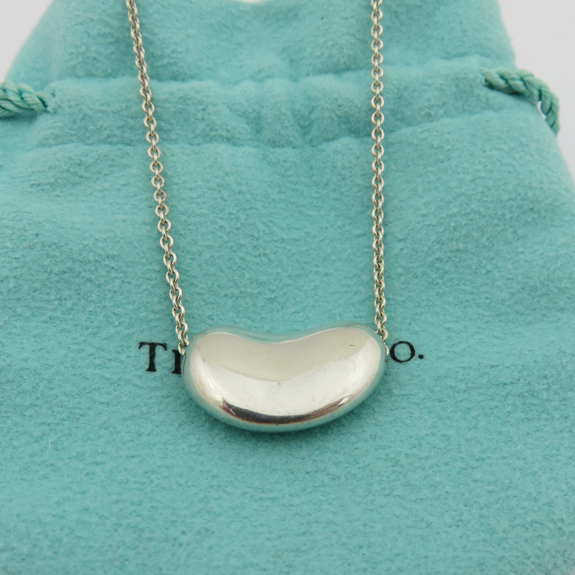 TIFFANY & CO 925 Sterling Silver Large Bean Pendant Necklace with Pouch