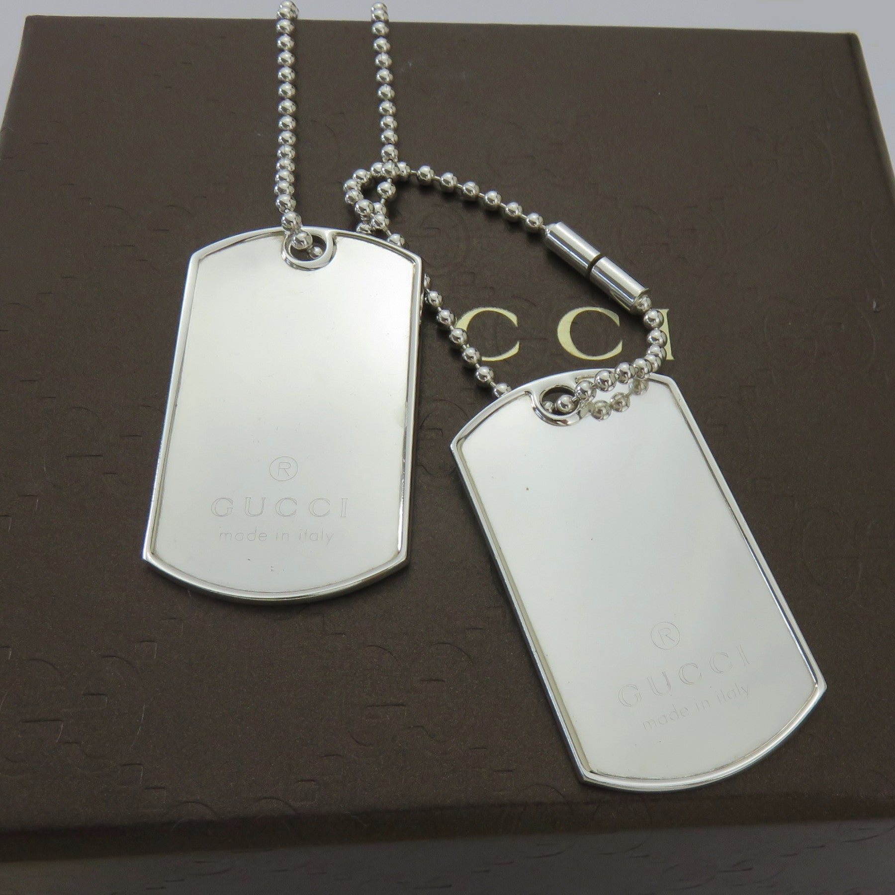 Gucci 925 Sterling Silver Double Dog Tag Ball Chain Unisex Necklace w/ Box Pouch