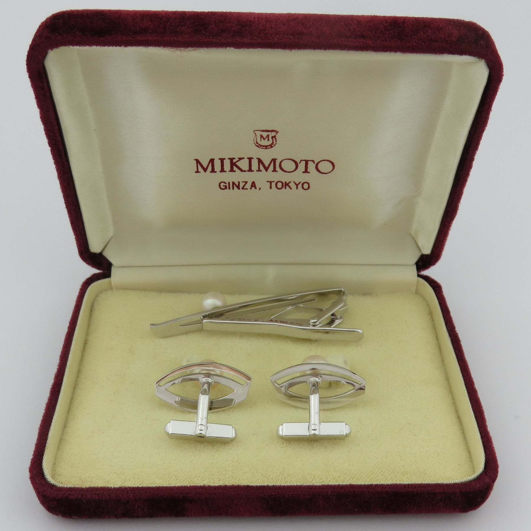 MIKIMOTO 925 Silver Akoya Pearl Marquise Cufflinks & Tie Clip Bar Set with Box