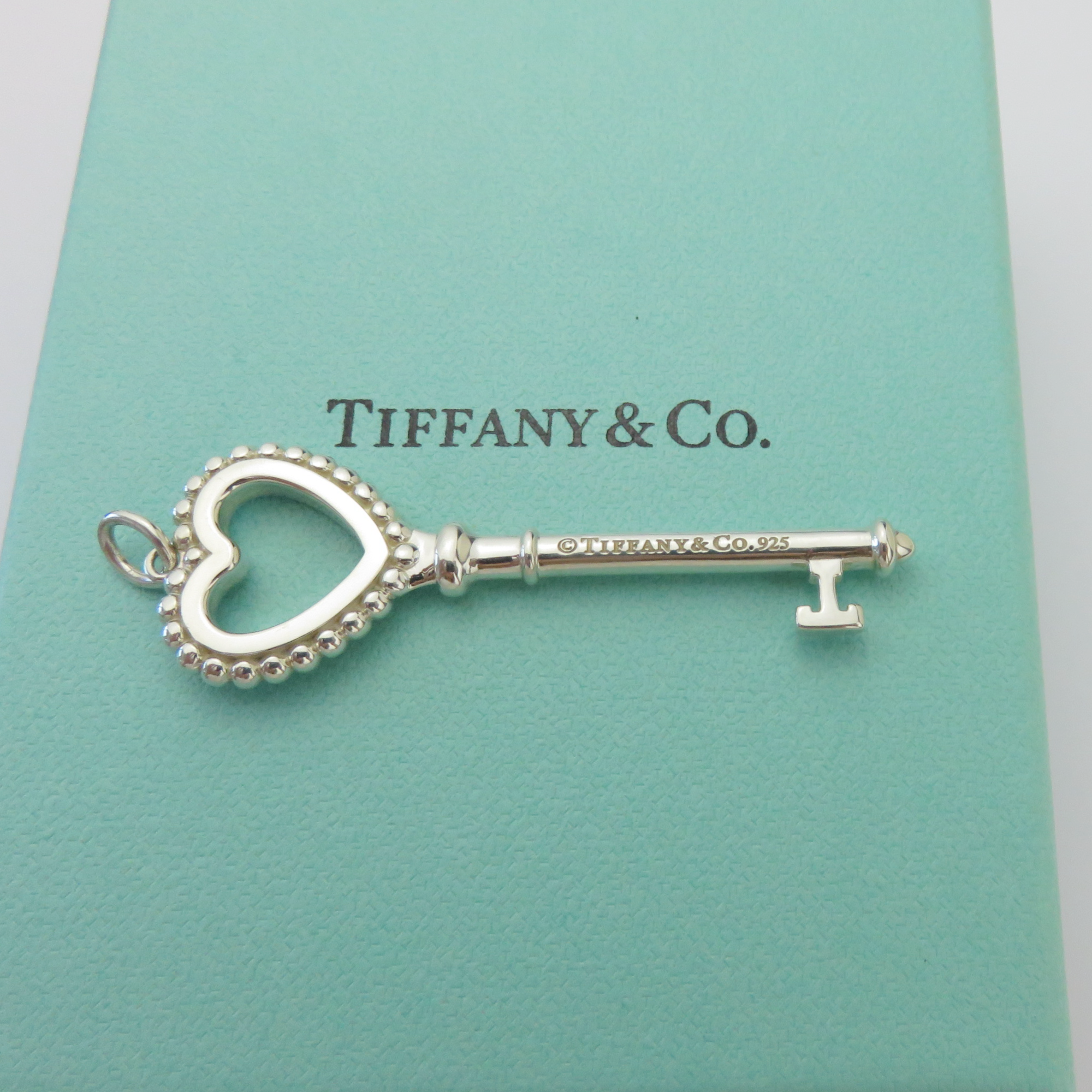 Tiffany & Co 925 Steling Silver Blue Enamel Large Beaded Heart Key Pendant Charm
