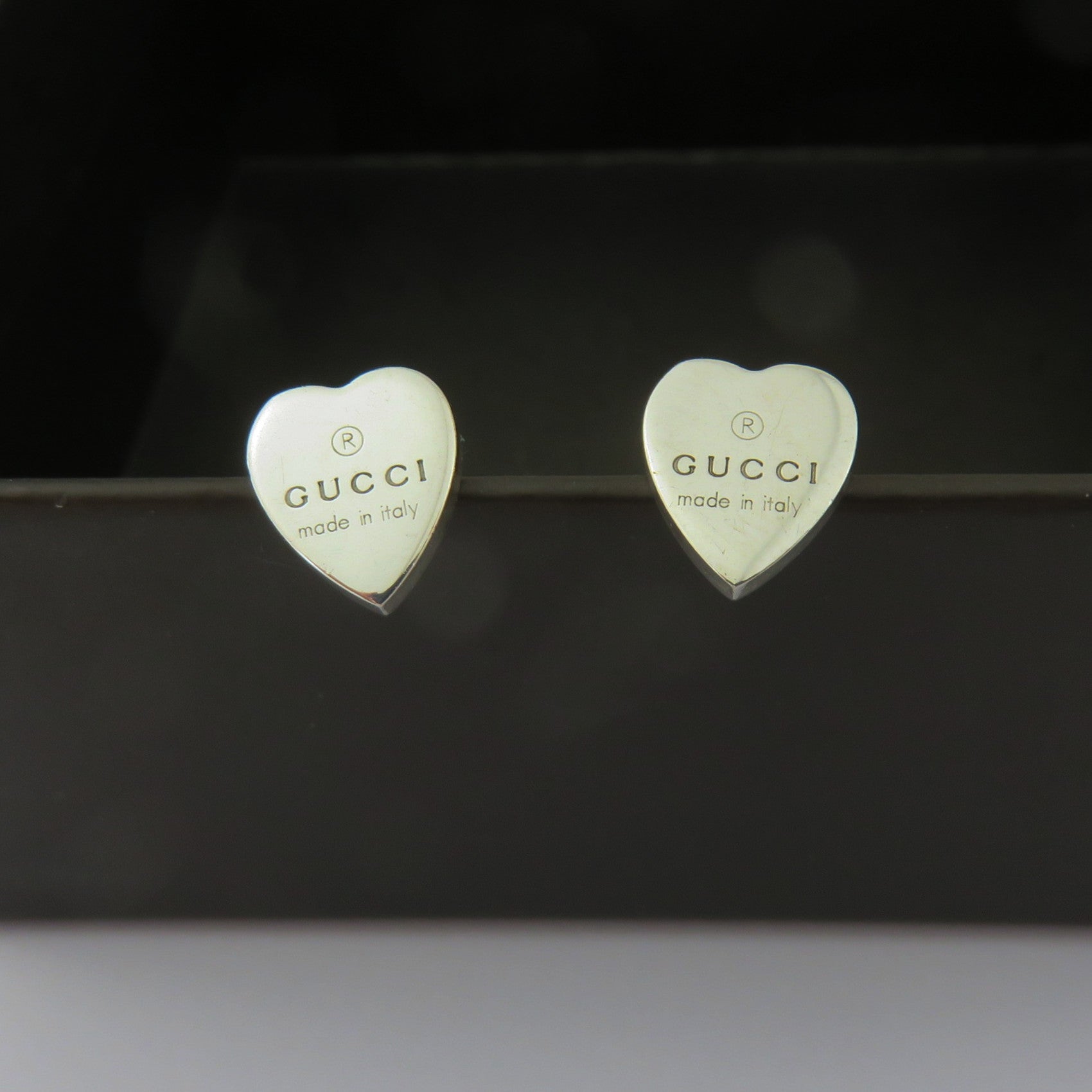 GUCCI 925 Sterling Silver Trademark Heart Tag Stud Earrings