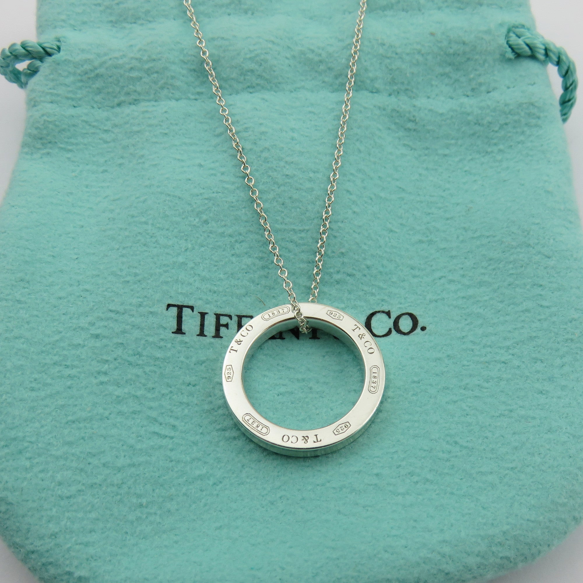 TIFFANY & CO 925 Sterling Silver 1837 Circle Pendant Necklace with Pouch