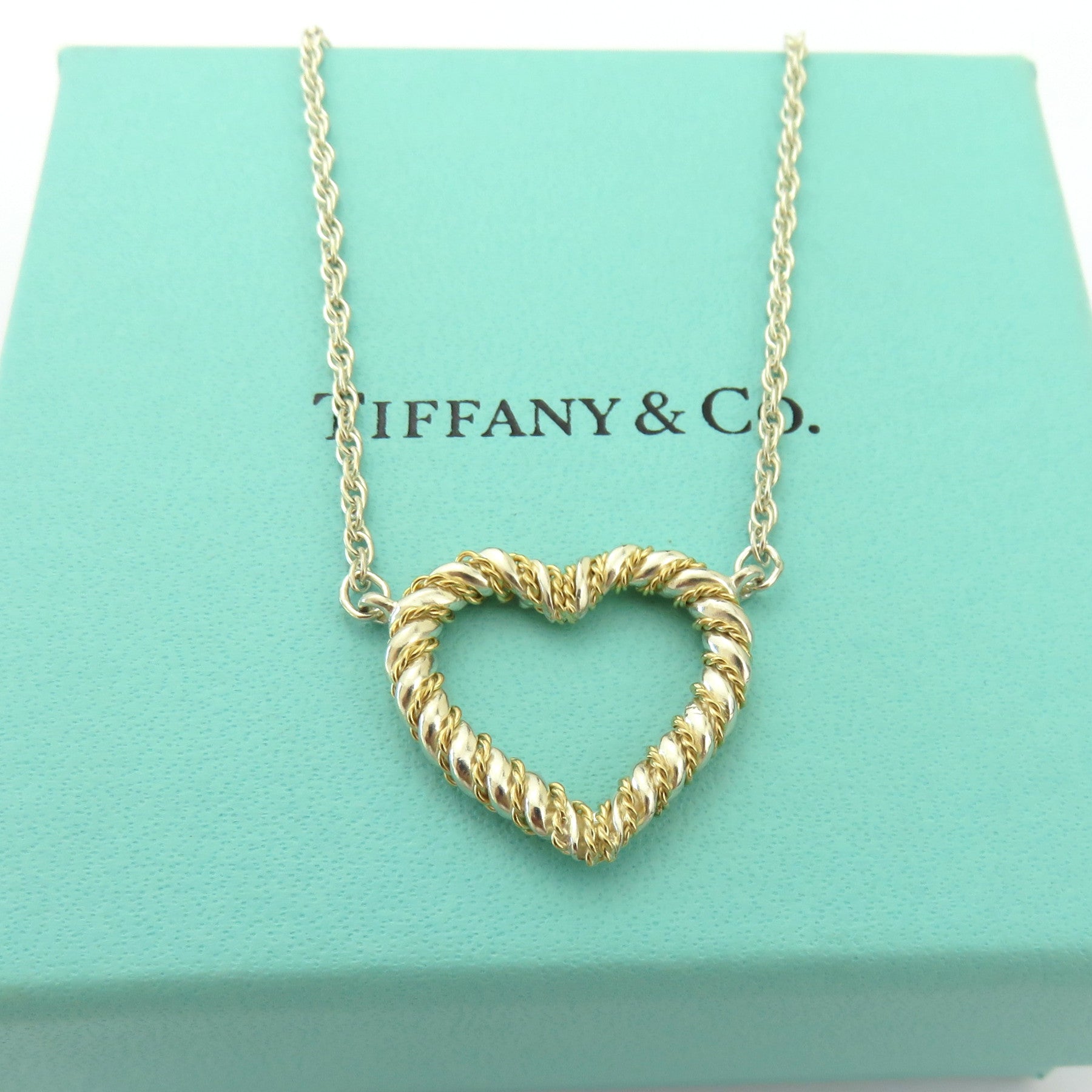 TIFFANY & CO 925 Sterling Silver 18K Gold Twist Heart Pendant Necklace with Box