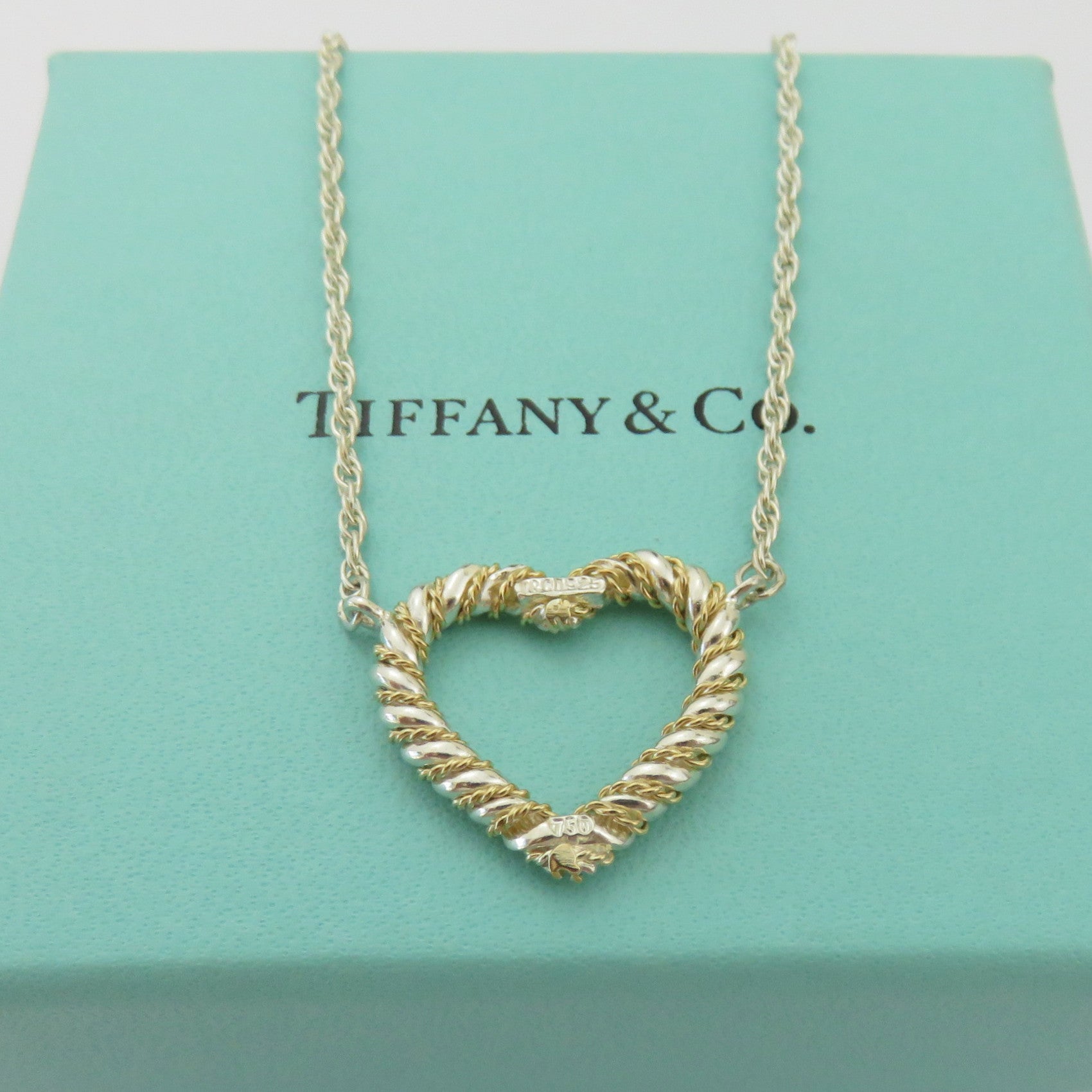 TIFFANY & CO 925 Sterling Silver 18K Gold Twist Heart Pendant Necklace with Box