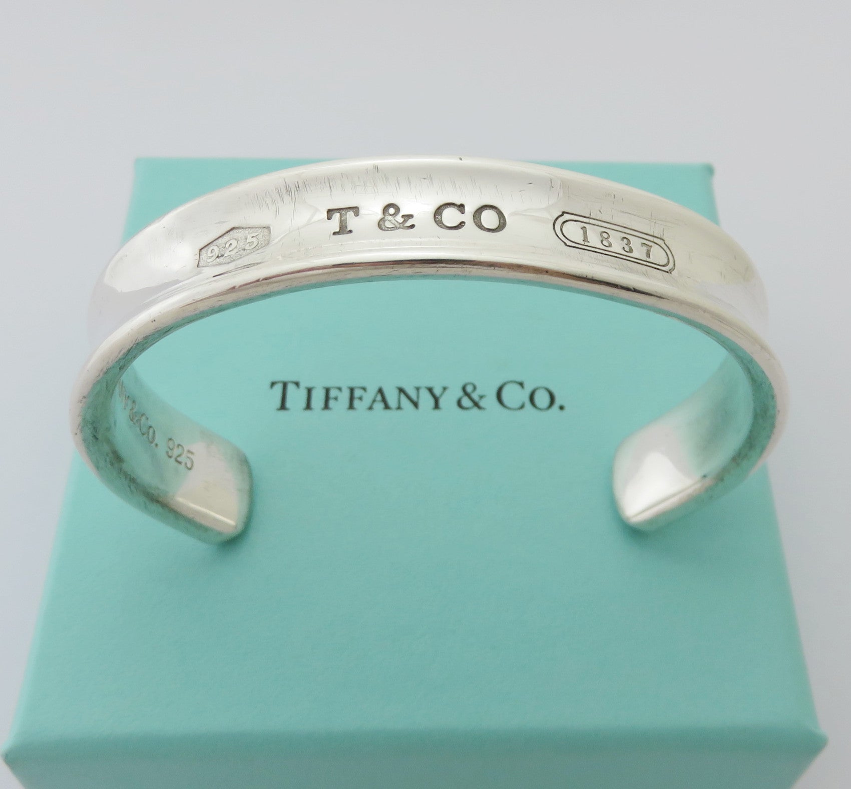 TIFFANY & CO 925 Sterling Silver Wide 1837 Cuff Bangle Bracelet with Box