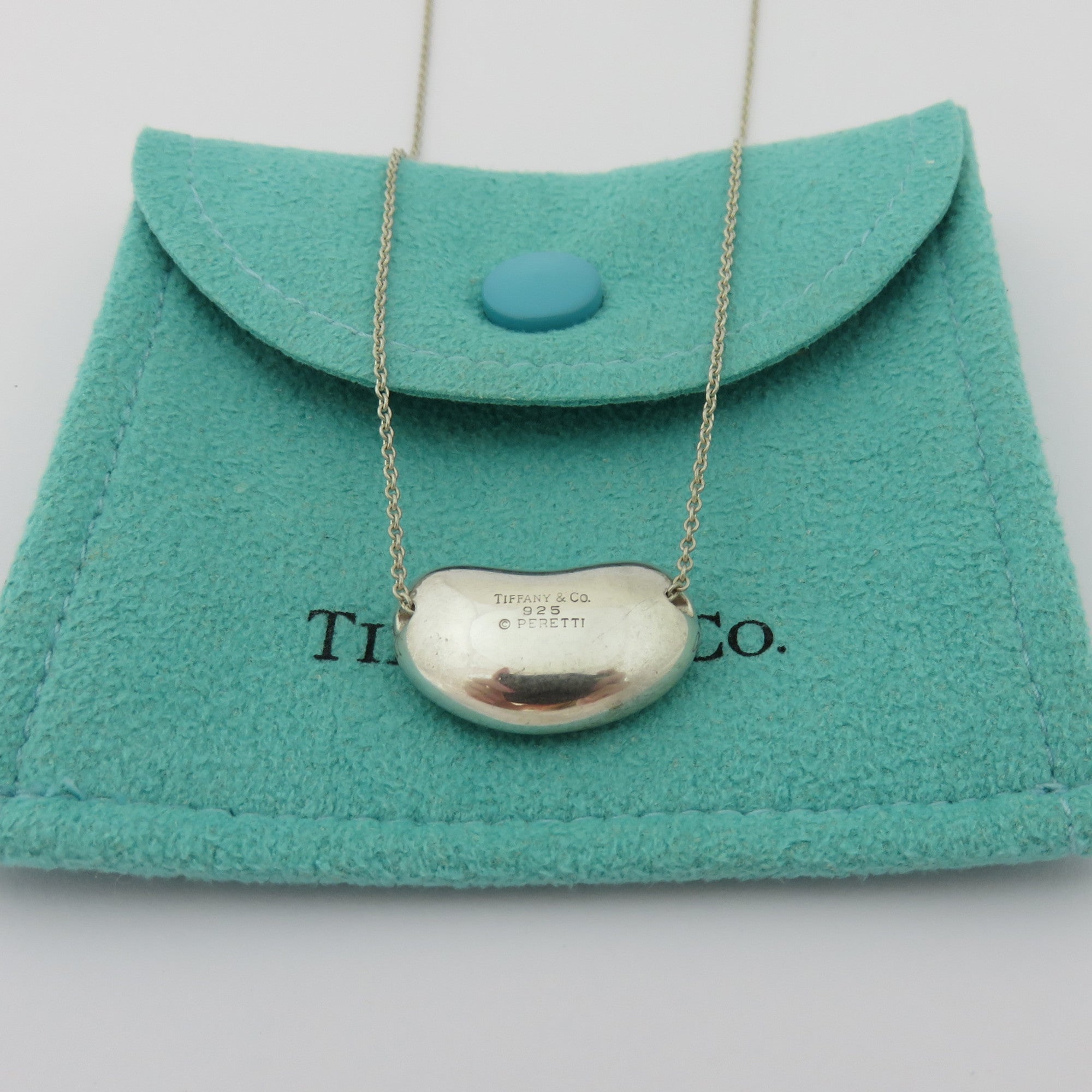 TIFFANY & CO 925 Sterling Silver Large Bean Pendant Necklace with Pouch