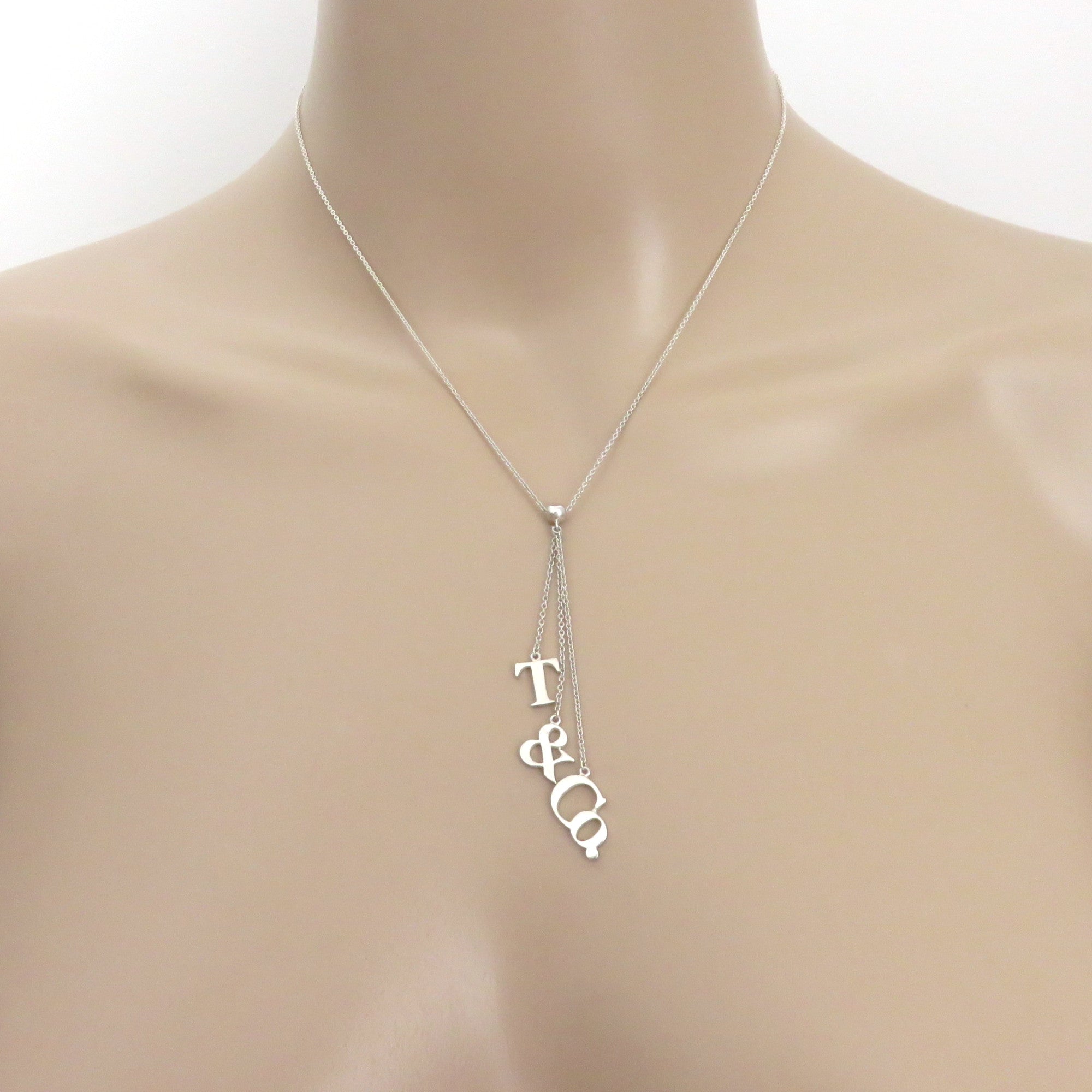 TIFFANY & CO 925 Sterling Silver T & CO Dangle Pendant Necklace with Pouch
