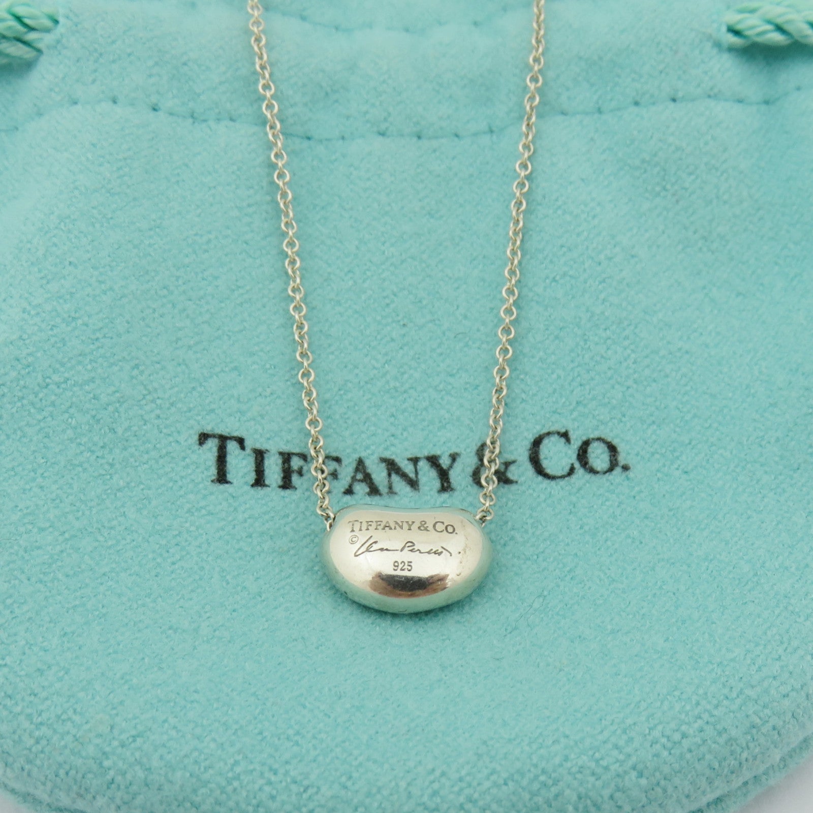 TIFFANY & CO 925 Sterling Silver Small Bean Pendant Necklace with Pouch