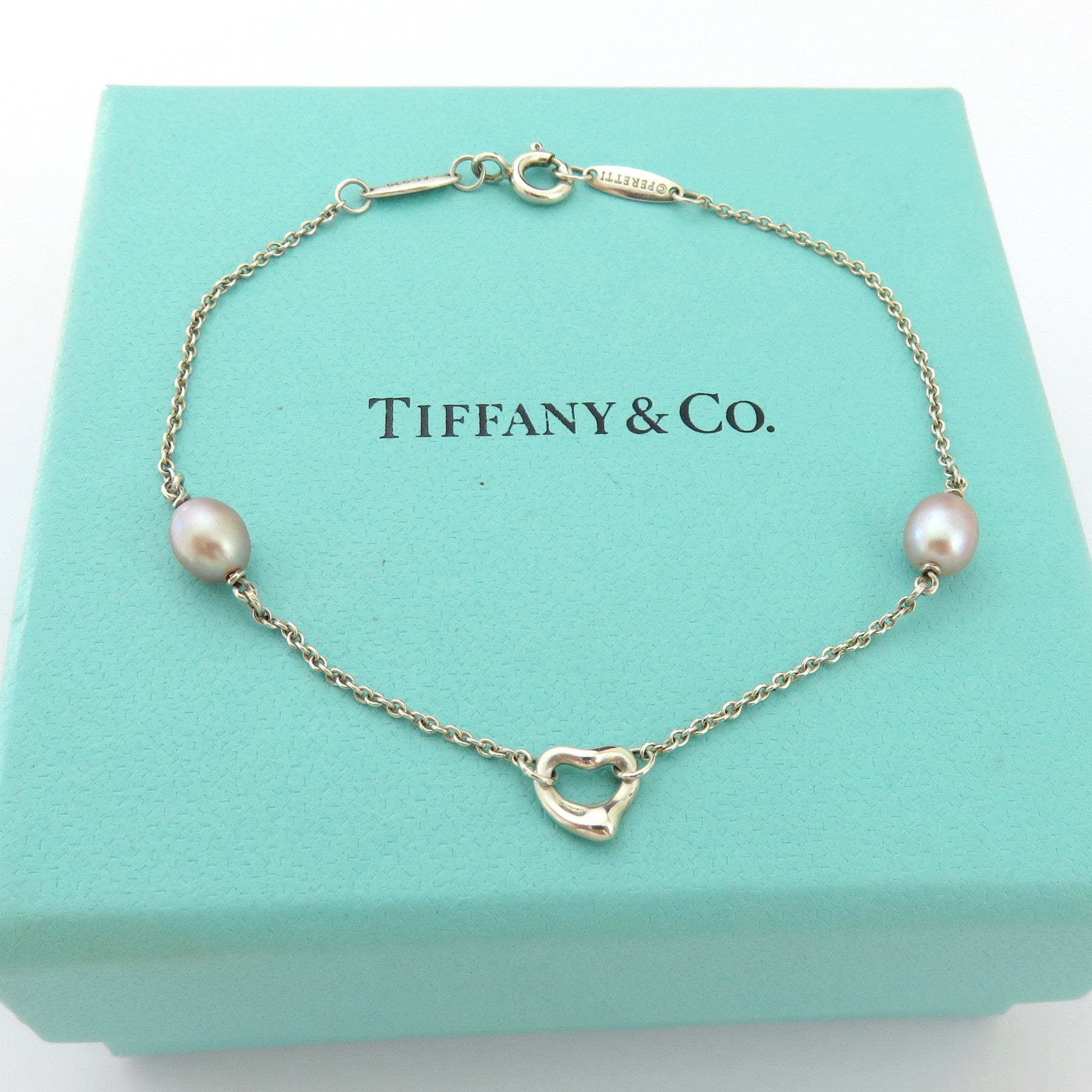 TIFFANY & CO 925 Silver Pearls By The Yard Open Heart Bracelet with Pouch Box