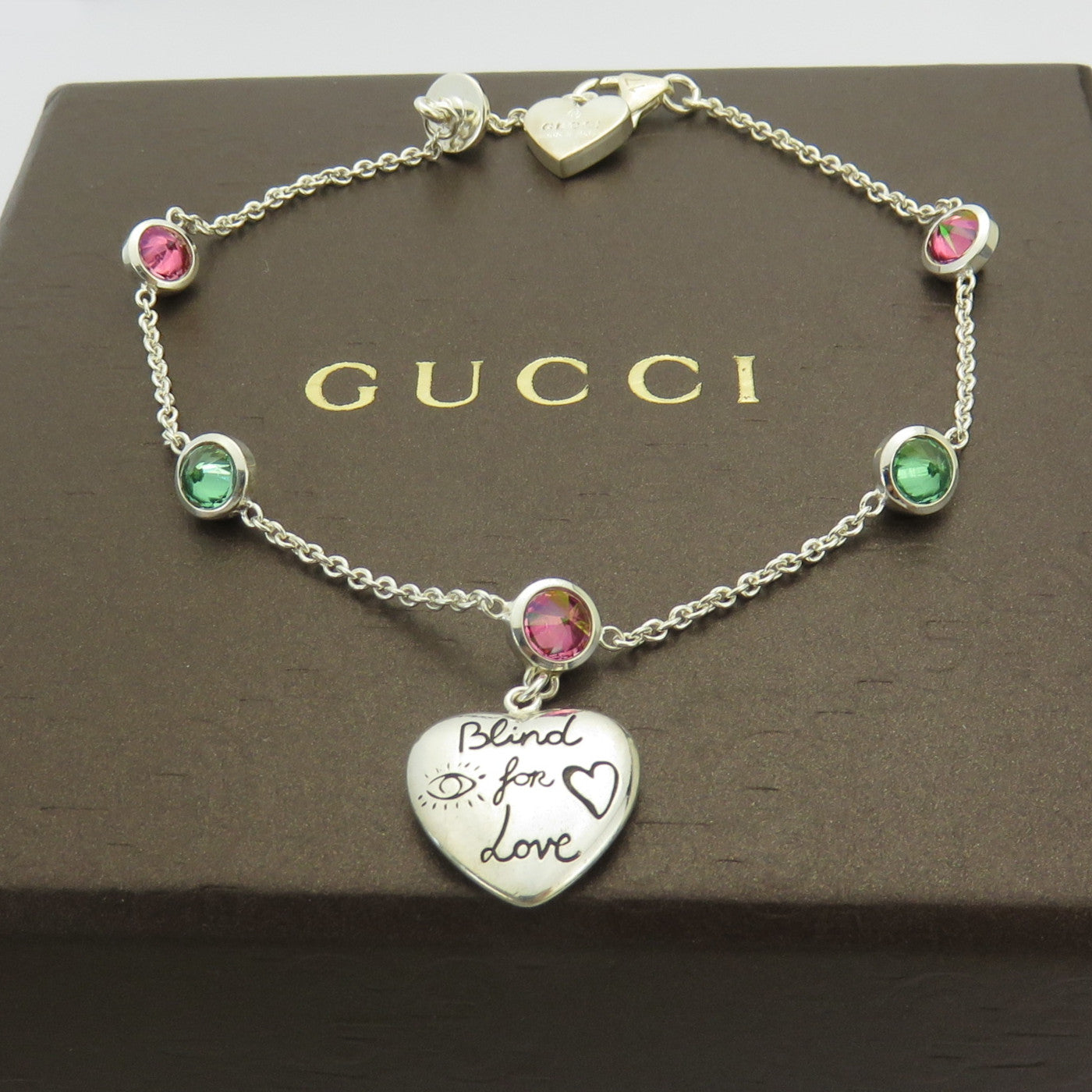 Gucci 925 Silver Red Green Rhinestones Blind for Love Heart Tag Bracelet with Box