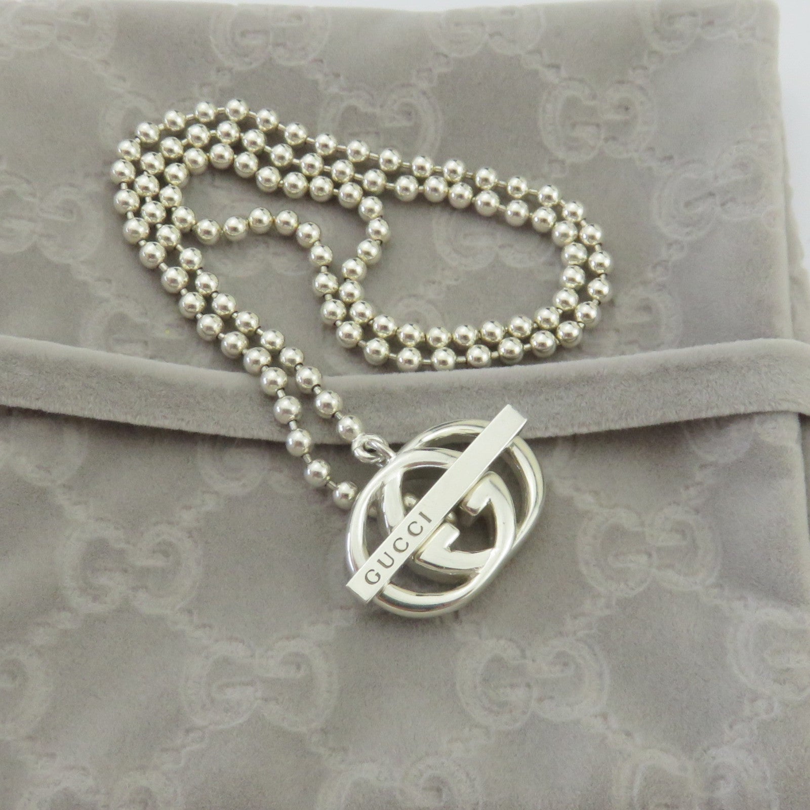 Gucci 925 Sterling Silver Interlocking G Toggle Unisex Necklace with Pouch