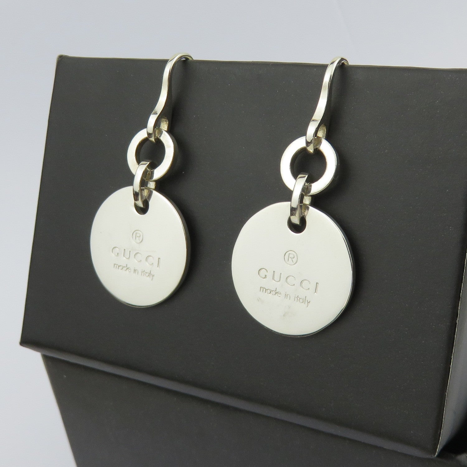 Gucci 925 Sterling Silver Trademark Round Dangle Earrings with Pouch Box