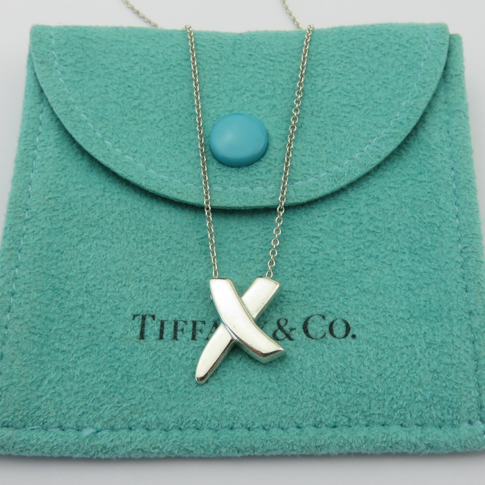 TIFFANY & CO 925 Sterling Silver Kiss X Pendant Necklace with Pouch