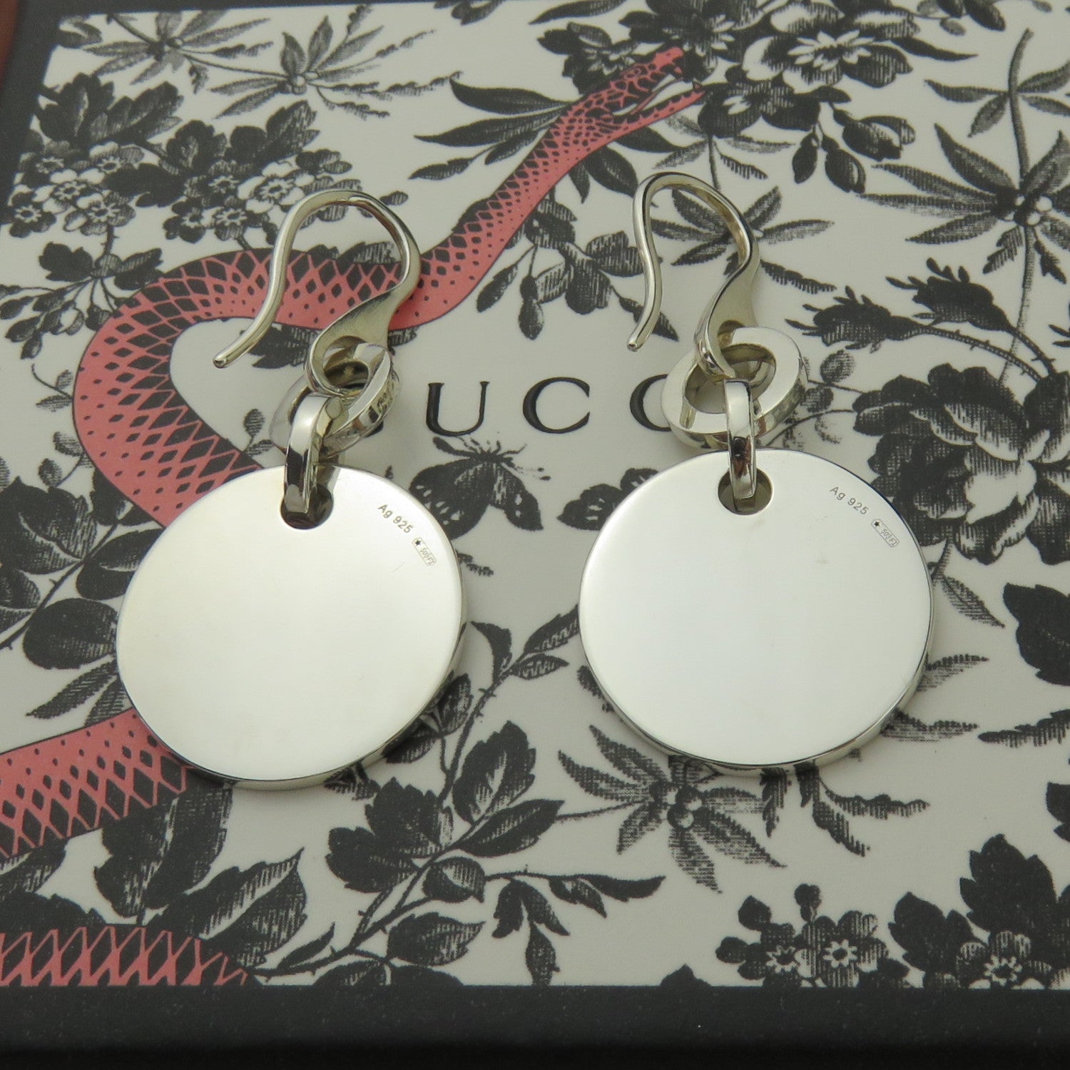 Gucci 925 Sterling Silver Trademark Round Dangle Earrings with Pouch Box
