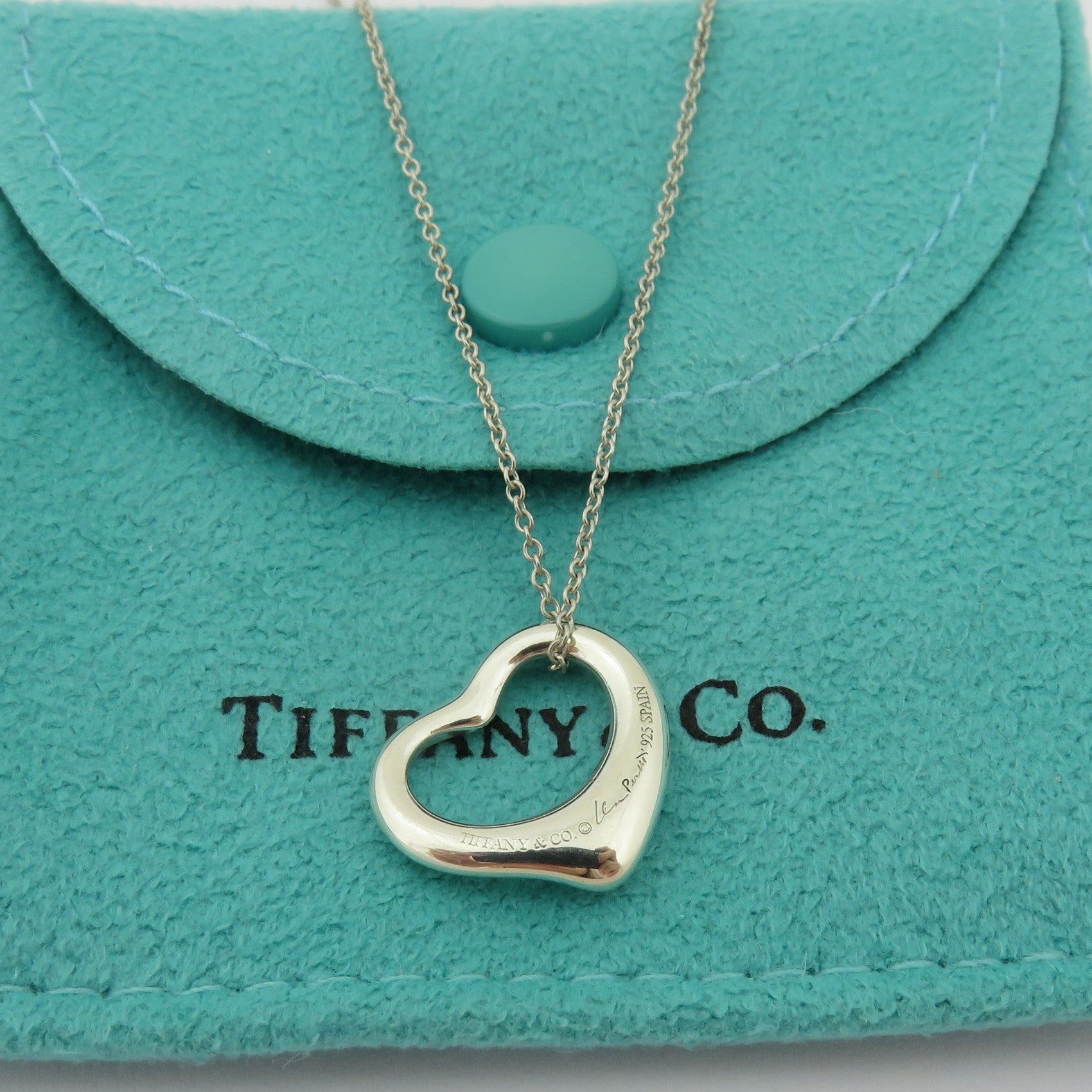 TIFFANY & CO 925 Sterling Silver Small Open Heart Pendant Necklace with Pouch