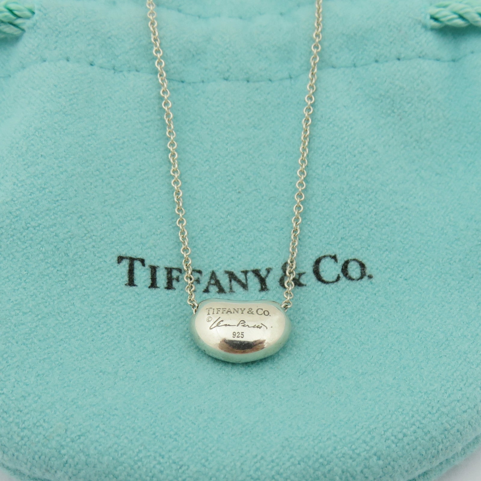 TIFFANY & CO 925 Sterling Silver Small Bean Pendant Necklace with Pouch