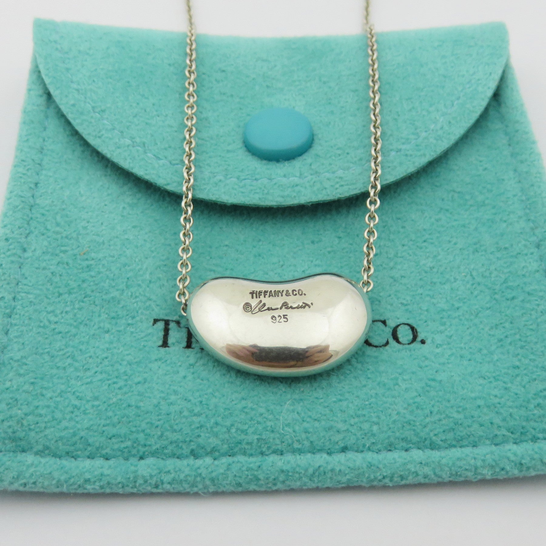 TIFFANY & CO 925 Sterling Silver Large Bean Pendant Necklace with Pouch