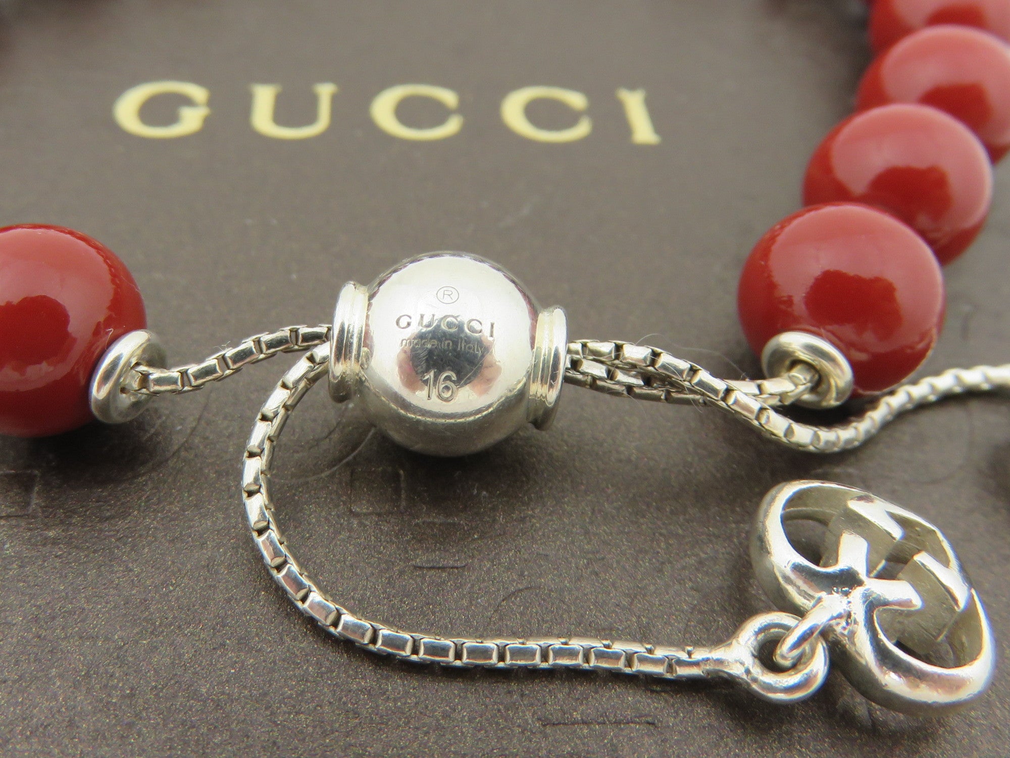 Gucci 925 Sterling Silver Red Beads Slider Bracelet with Box Made in Italy