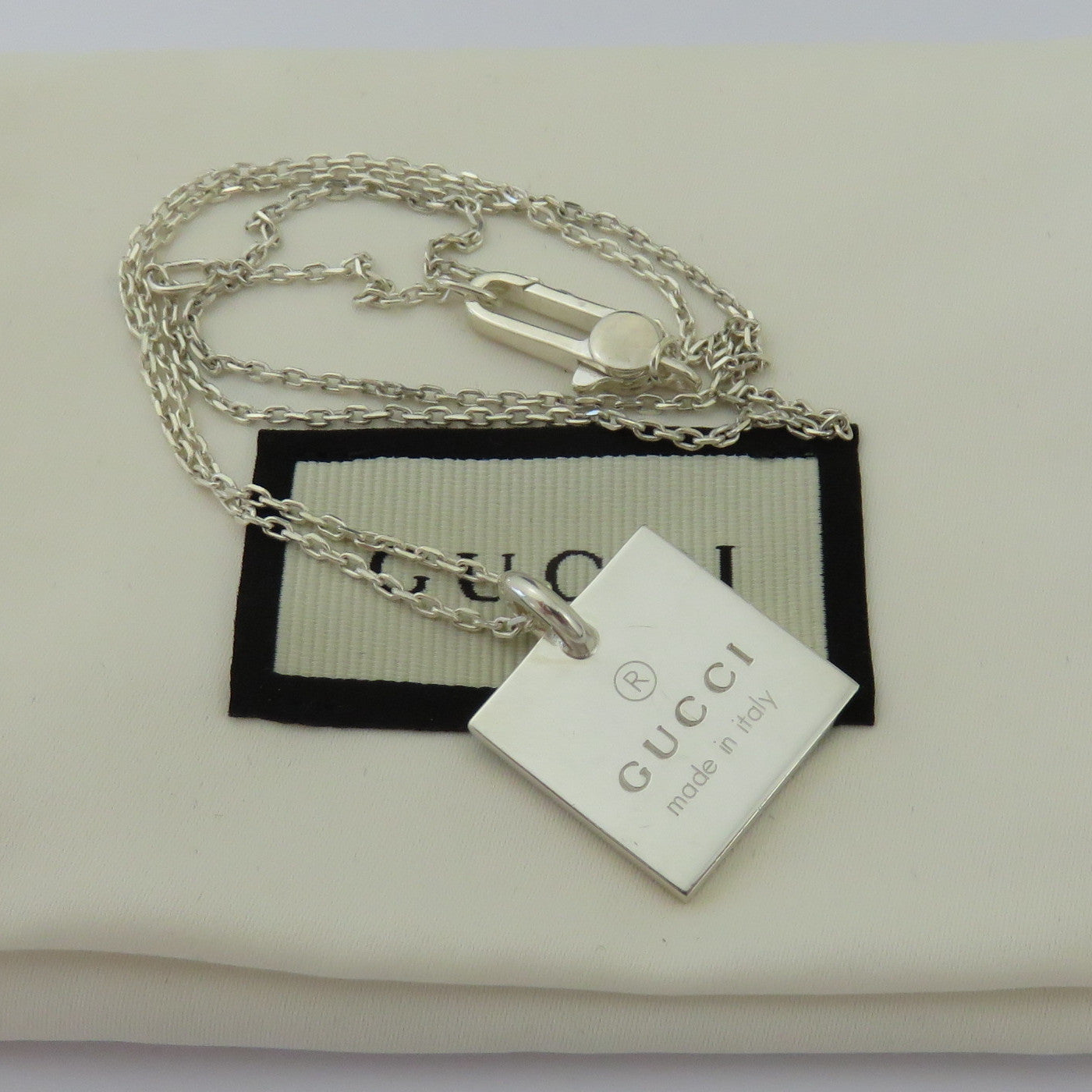 Gucci 925 Sterling Silver Square Tag Unisex Pendant Necklace with Pouch