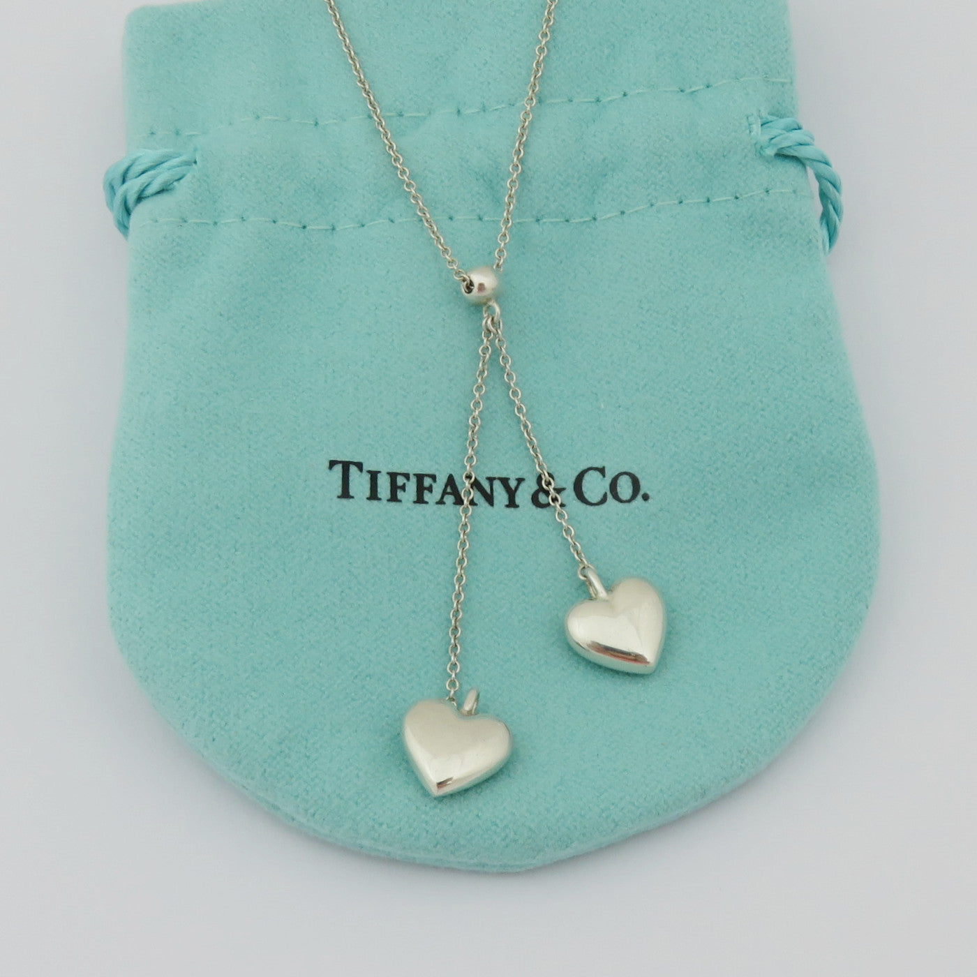 TIFFANY & CO 925 Sterling Silver Double Heart Dangle Necklace with Po0uch