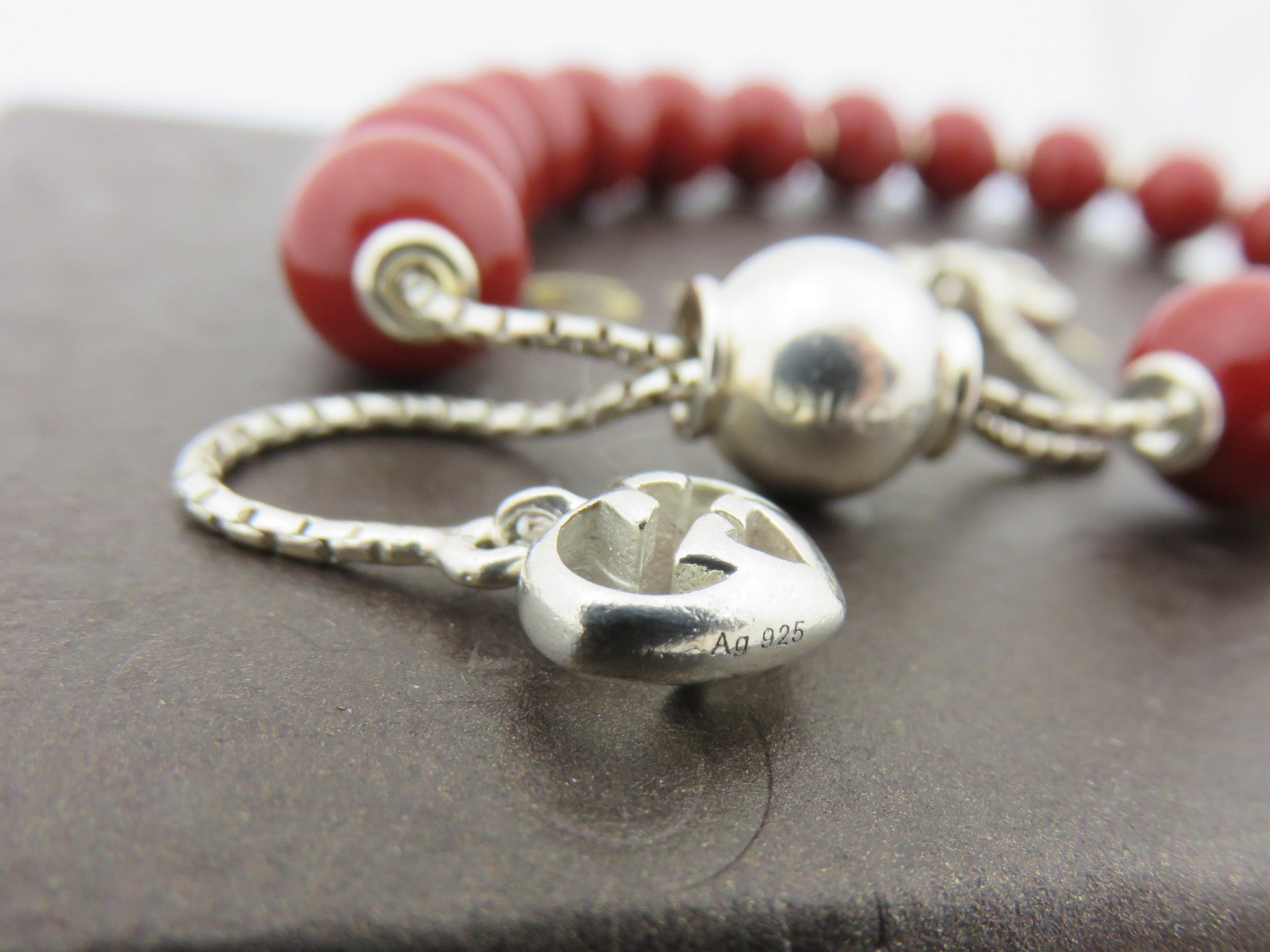 Gucci 925 Sterling Silver Red Beads Slider Bracelet with Box Made in Italy