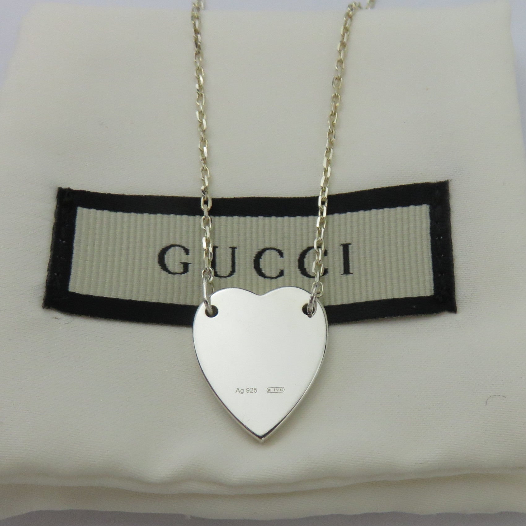 Gucci 925 Sterling Silver Trademark Heart Pendant Necklace Authentic with Pouch
