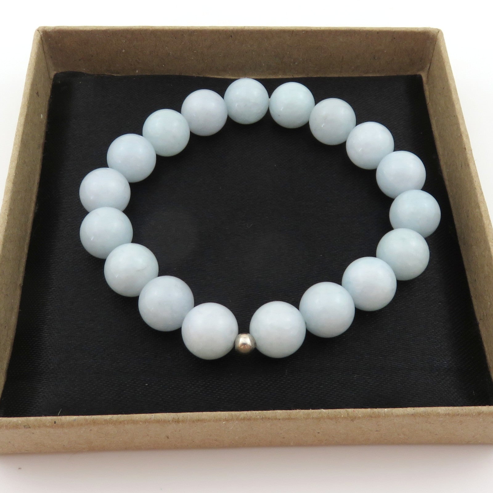 Genuine Aquamarine Handmade Bracelet 10mm Beads Silver Accent Elastic Box