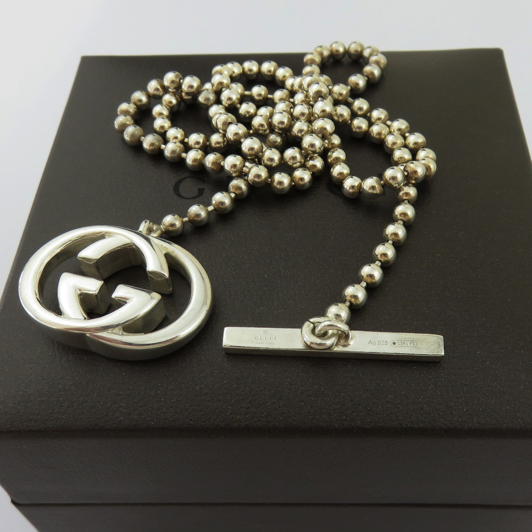 Gucci 925 Sterling Silver Interlocking G Toggle Unisex Necklace with Box