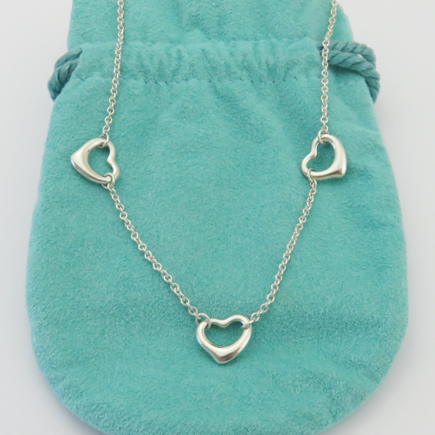 TIFFANY & CO 925 Sterling Silver Three 3 Open Heart Pendant Necklace