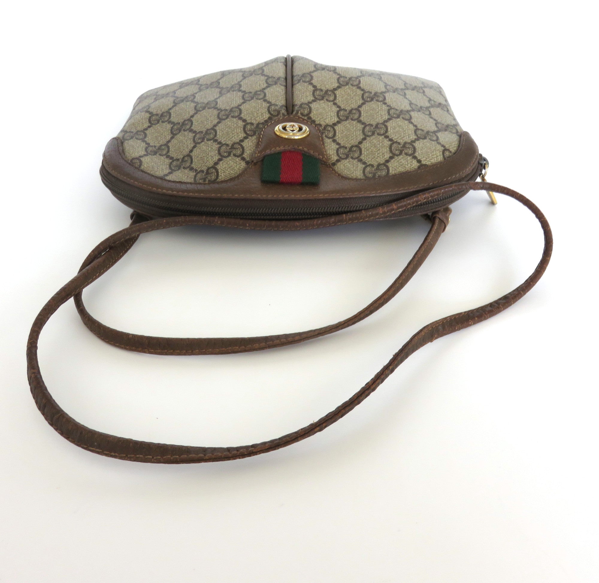 GUCCI Vintage Brown GG Monogram Canvas Leather Small Cross Body Clutch Bag 2Way