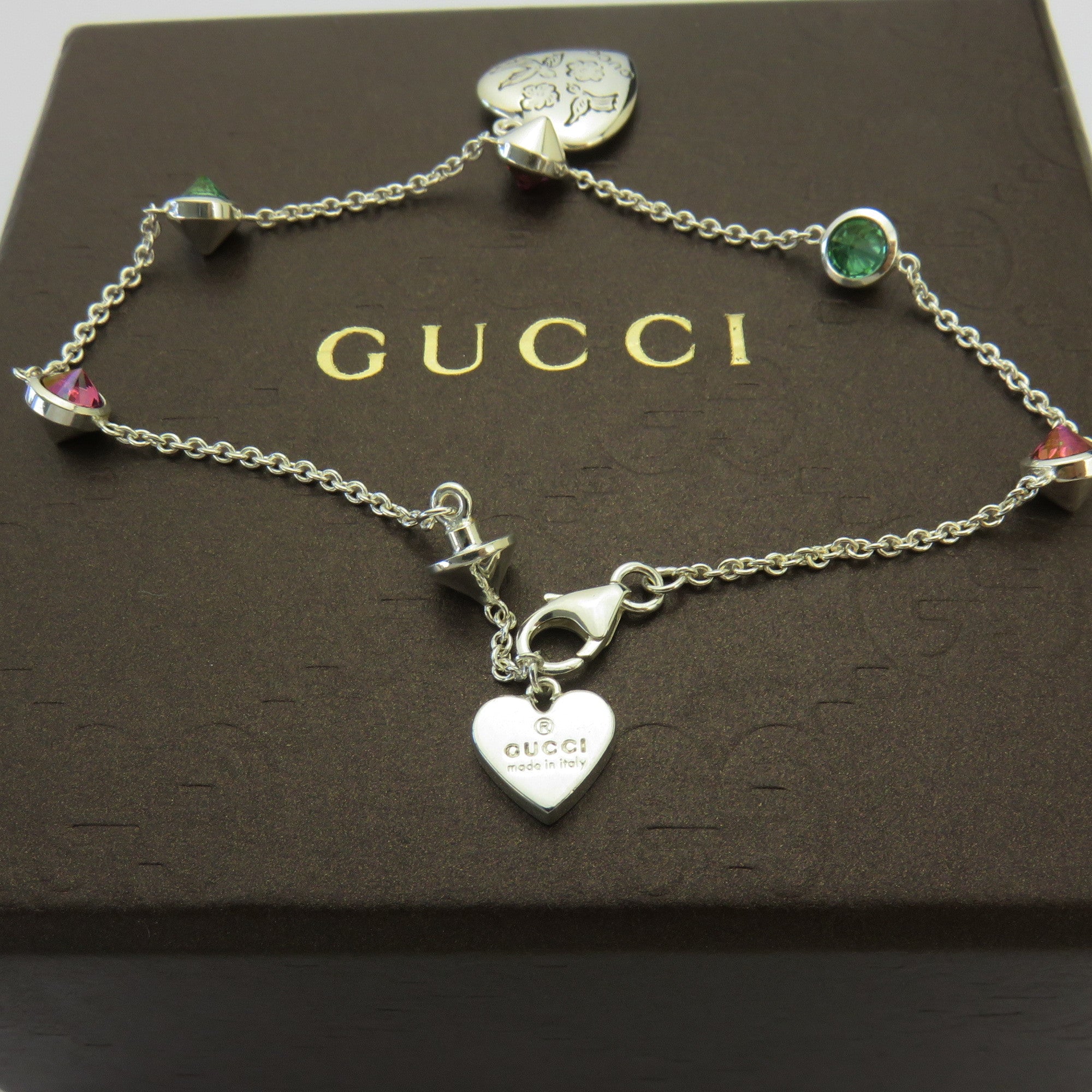 Gucci 925 Silver Red Green Rhinestones Blind for Love Heart Tag Bracelet with Box