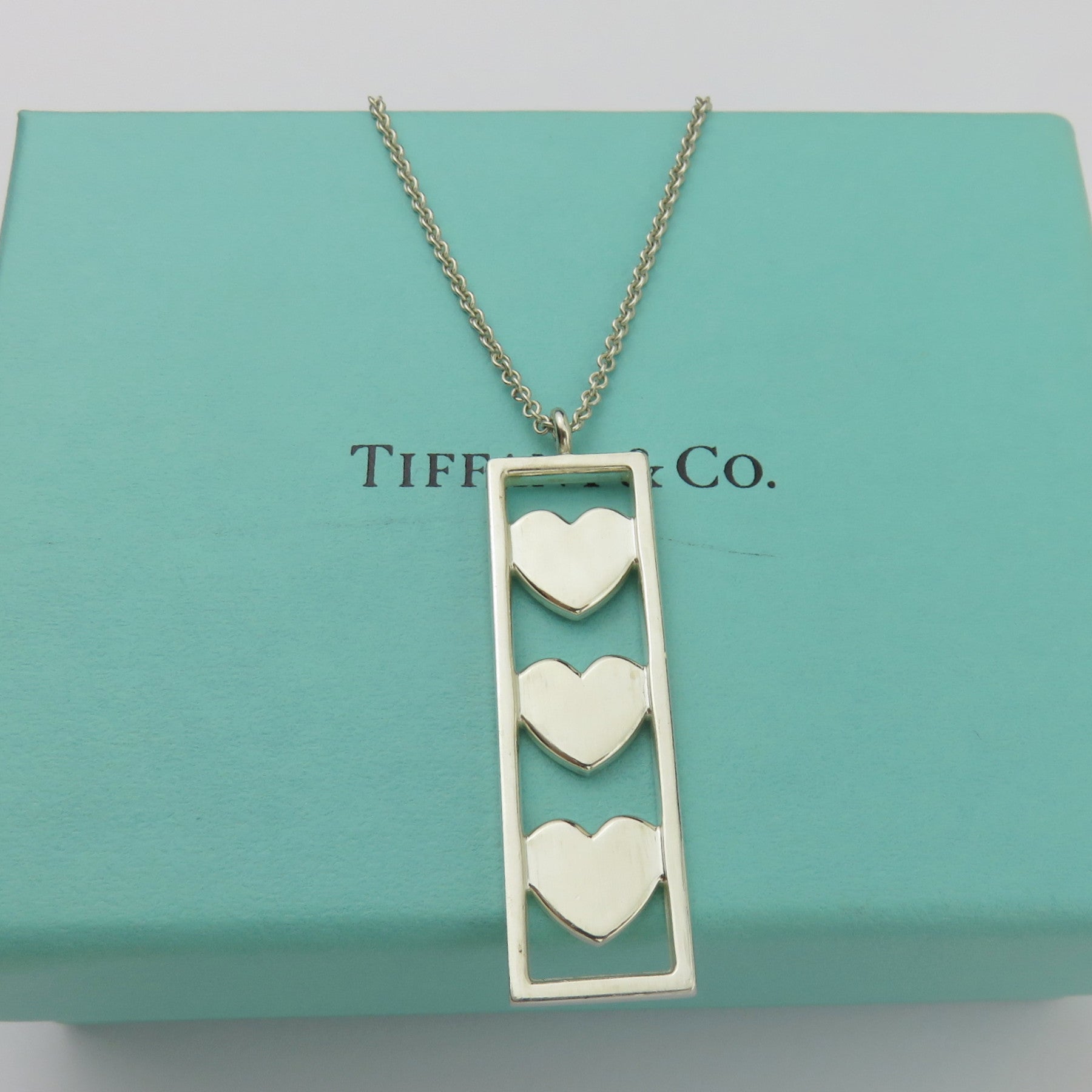 TIFFANY & CO 925 Sterling Silver Triple Heart Bar Pendant Necklace with Box