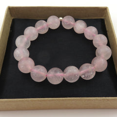 Genuine Rose Quartz Bracelet 12mm Round Beads Silver Accent Elastic Handmade Box