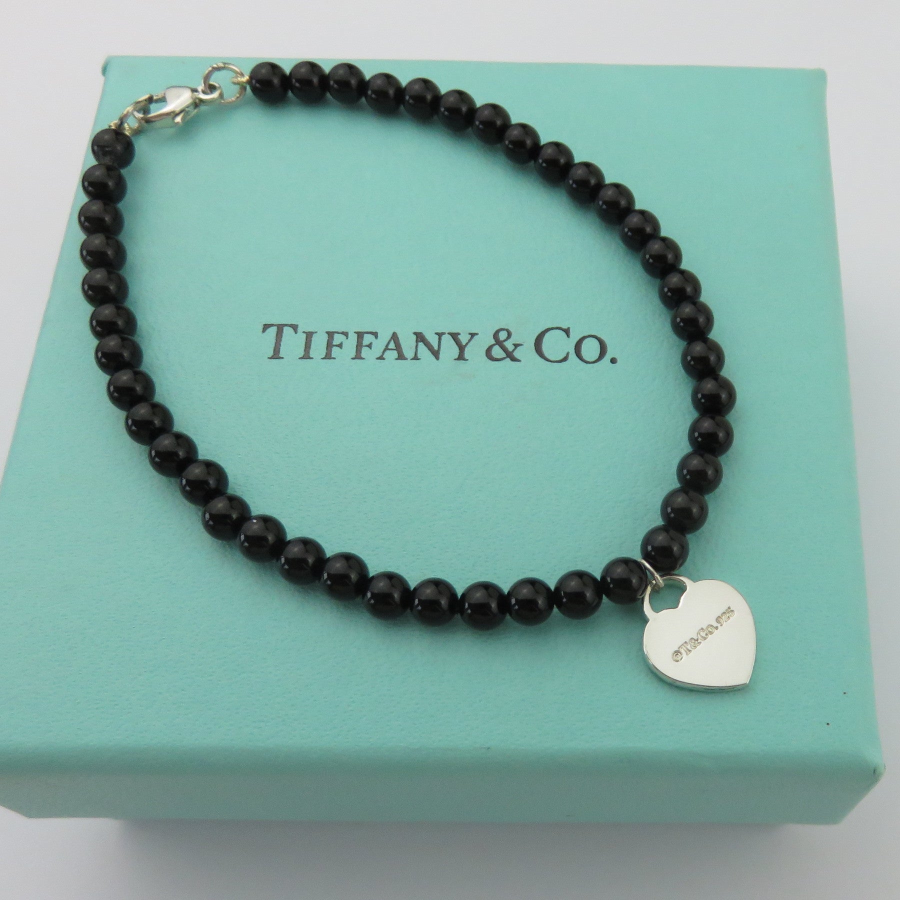 TIFFANY & CO 925 Sterling Silver Onyx Return to Tiffany Heart Mini Bead Bracelet