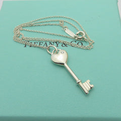 Tiffany & Co 925 Sterling Silver Heart Key Diamond Pendant Necklace with Box