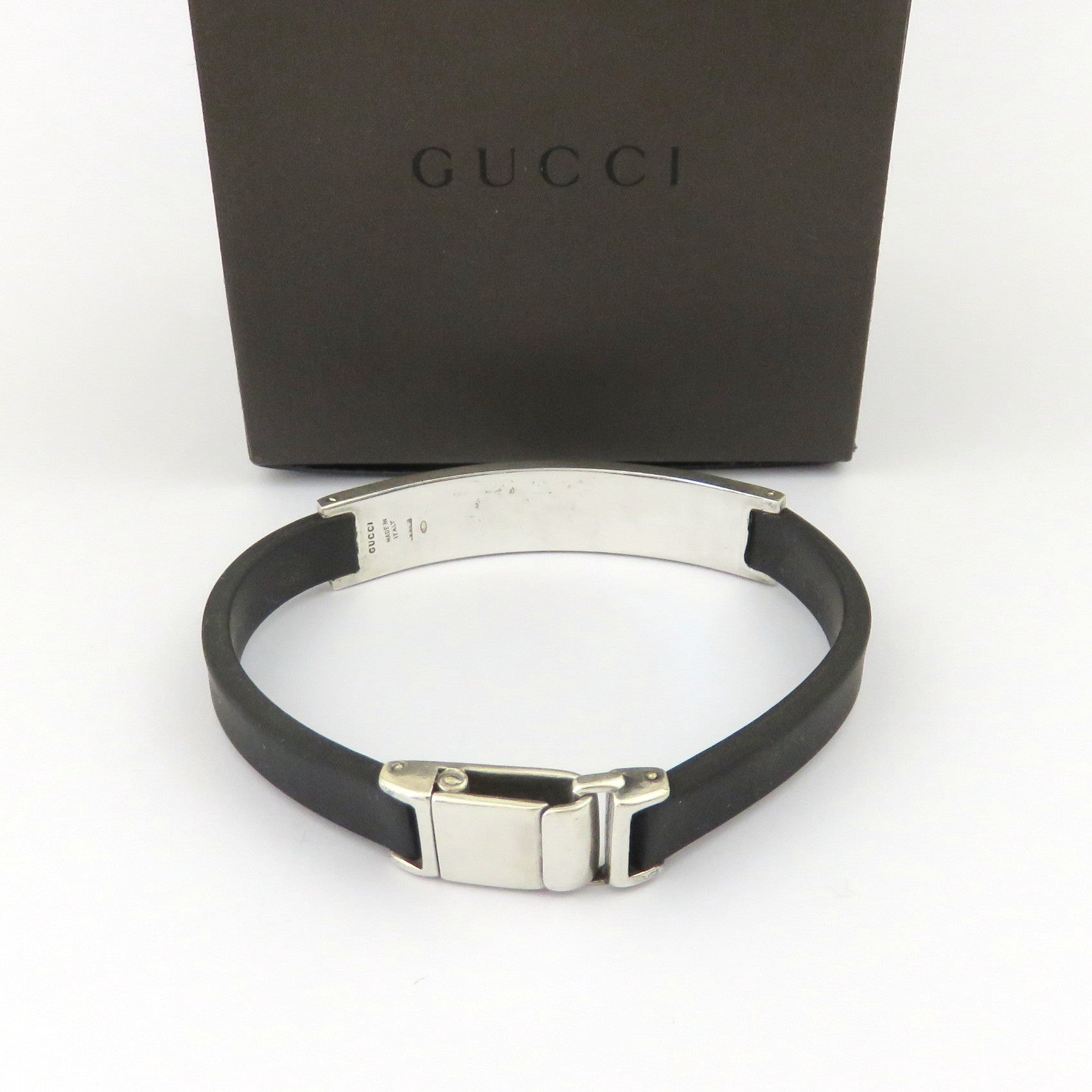 Gucci 925 Sterling Silver Rubber Bar Unisex Bracelet with Box Made in Italy