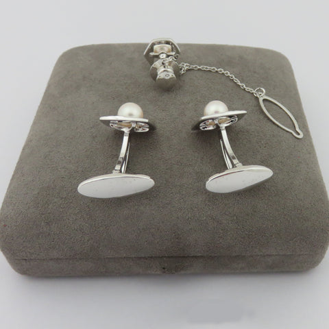 Mikimoto 925 Silver 6.5 mm Akoya Pearl Cufflinks Tie Tack Set Original Box