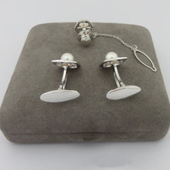 Mikimoto 925 Silver 6.5 mm Akoya Pearl Cufflinks Tie Tack Set Original Box