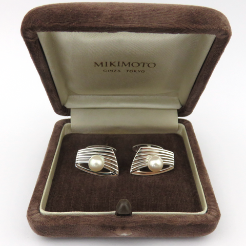 MIKIMOTO 925 Sterling Silver 7.3mm Akoya Pearl Geometric Cufflinks Japan w/ Box
