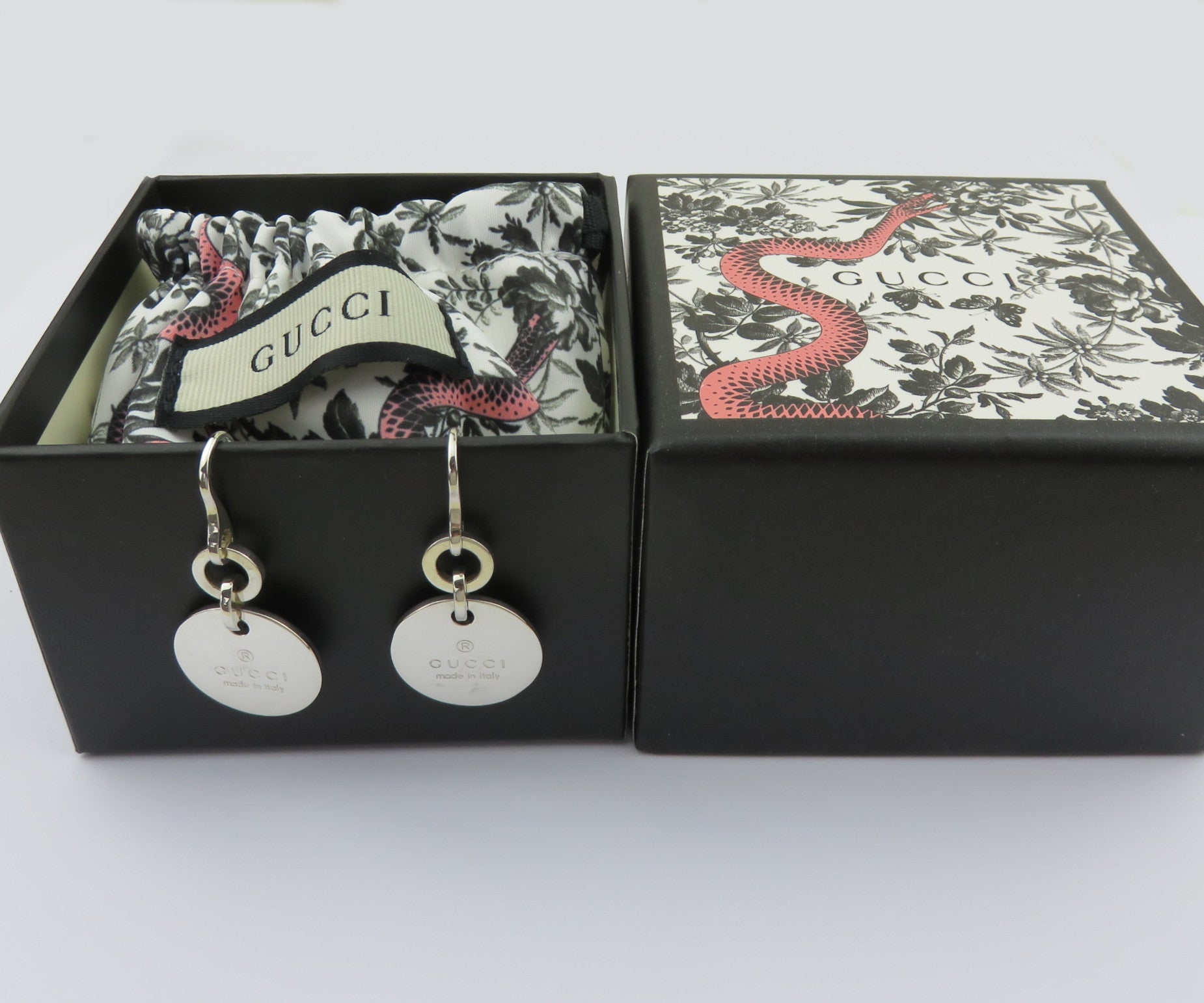 Gucci 925 Sterling Silver Trademark Round Dangle Earrings with Pouch Box 